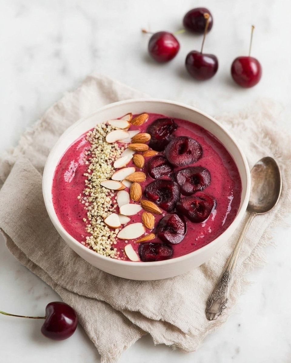 A white bowl filled with a thick, smooth deep pink smoothie layer forming the base. On top, three neat rows of toppings: the left row is made of small beige hemp seeds, the middle row includes light brown sliced almonds, and the right row has dark red cherry halves with shiny surfaces. The bowl sits on a beige cloth with a rustic silver spoon beside it, all placed on a white marbled surface with a few whole dark red cherries scattered around. photo taken with an iphone --ar 4:5 --v 7