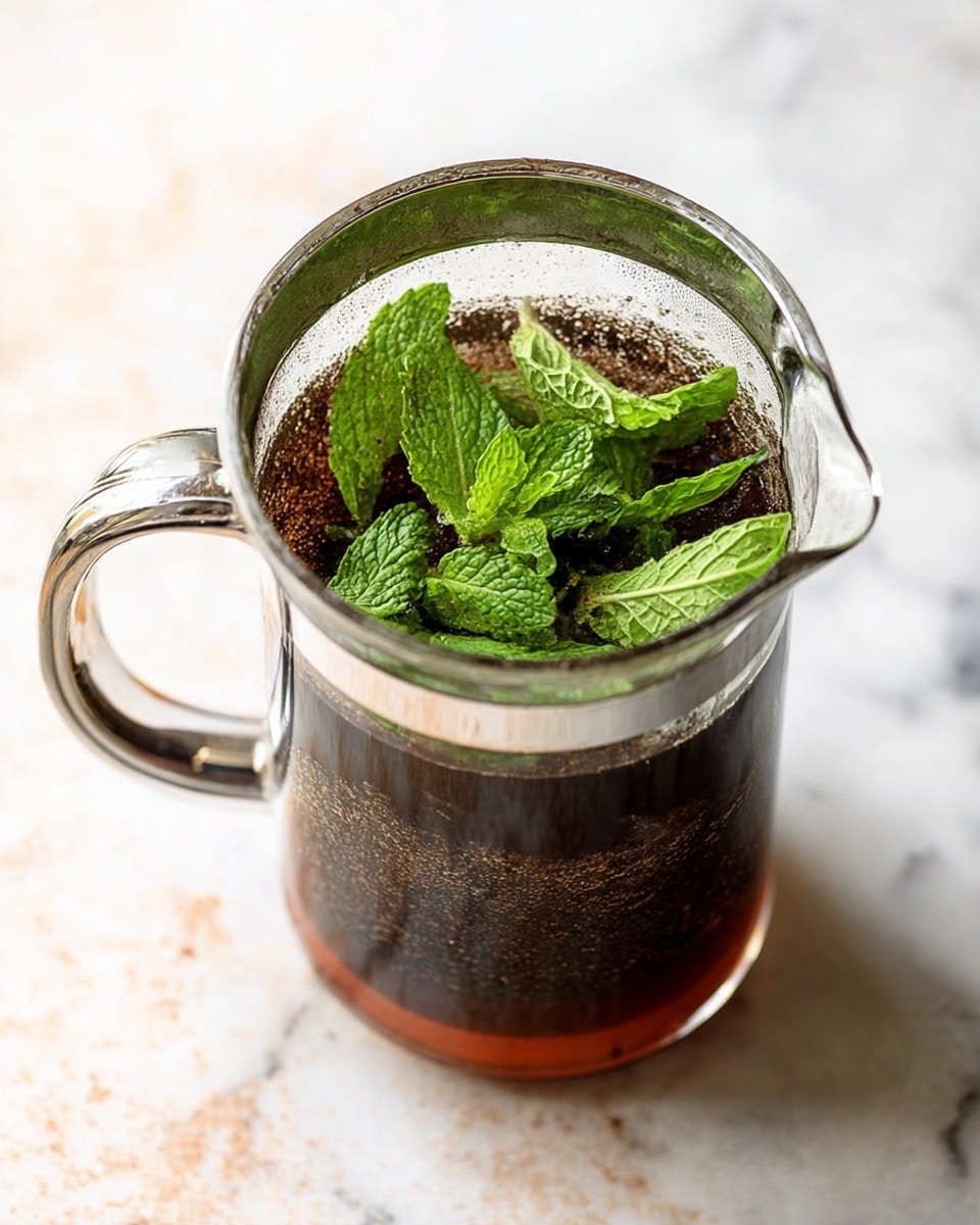 Two small brown clay cups filled with light brown creamy drink, each with several clear ice cubes floating on top. One cup shows a bright green fresh mint leaf placed on the ice near the edge. The cups sit on a white marbled surface with a few green mint leaves scattered nearby and a white cloth with thin black stripes partially visible in the corner. photo taken with an iphone --ar 4:5 --v 7