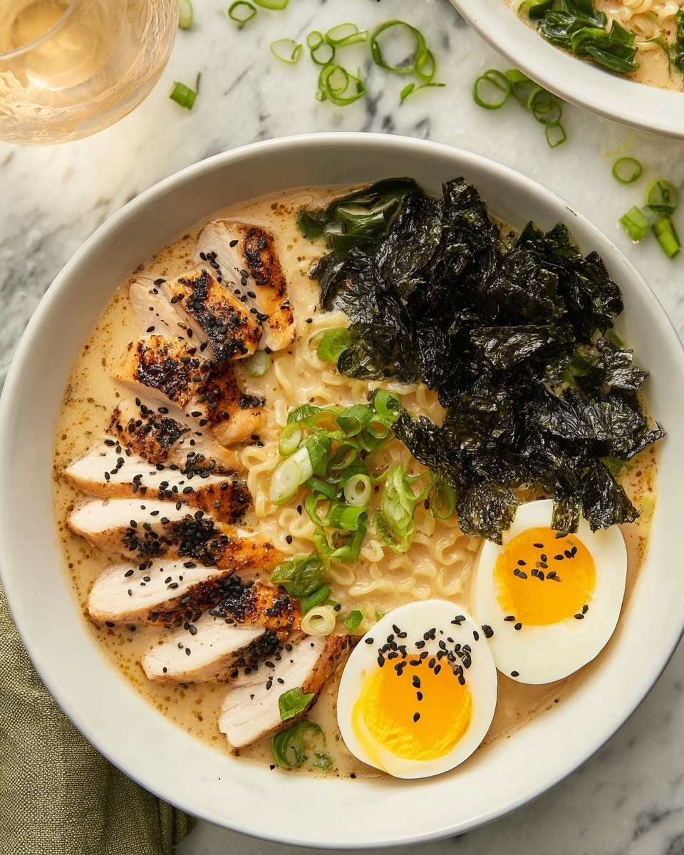 A white bowl filled with creamy noodles in broth forms the base layer, topped on the left side with several slices of lightly browned grilled chicken, sprinkled with black sesame seeds and chopped green onions. On the upper right side, dark green sheets of crispy seaweed add texture, while two halves of a soft-boiled egg with bright yellow yolks and a sprinkle of black sesame seeds rest on the lower right edge of the bowl. The dish is set against a white marbled surface with scattered green onion pieces around, and a glass of light-colored drink nearby, photo taken with an iphone --ar 4:5 --v 7