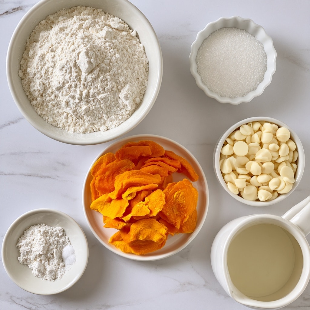 The image shows six white bowls and a white pitcher arranged on a white marbled surface. On the top left, a medium white bowl is filled with all-purpose flour, which is white and powdery. Next to it on the right, a small white scalloped bowl holds white granulated sugar. Below the flour, a white round plate contains bright orange and yellow dried sweetened mango slices stacked loosely. To the right of the mango, a small white bowl is filled with smooth white chocolate chips. In the bottom left, a small white round bowl has fine white baking powder with a pinch of salt next to it in the same bowl. Finally, in the bottom right corner, a white pitcher contains heavy cream that is pale and liquid. The background is a white marbled texture. Photo taken with an iphone --ar 4:5 --v 7
