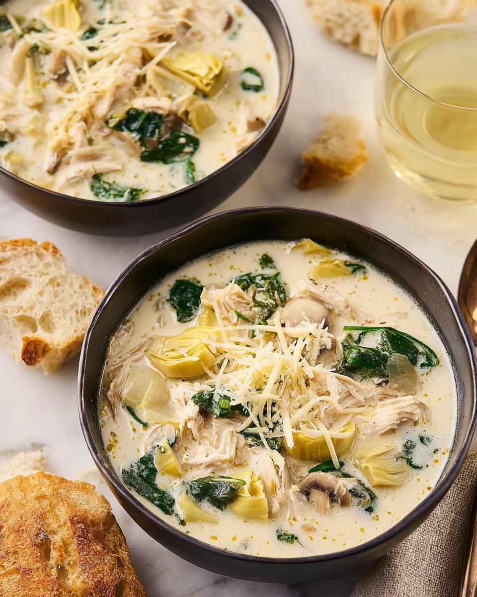 Two black bowls sit on a white marbled surface, each filled with creamy soup containing layers of light beige shredded chicken, chopped artichoke hearts in pale yellow tones, bright green spinach leaves, and small pieces of mushroom with brown and beige shades. The top layer is lightly sprinkled with thin strands of pale yellow shredded cheese. Nearby, torn pieces of crusty bread with a golden brown crust and soft light interior are placed, and a clear glass of light yellow liquid is visible to the right. The scene is softly lit, highlighting the smooth texture of the soup and fresh ingredients. photo taken with an iphone --ar 4:5 --v 7