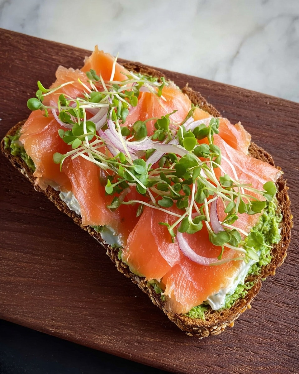 A single piece of toasted brown bread rests on a wooden board against a white marbled surface. The toast has four visible layers: first, a green spread covering the bread edge to edge, second, a white creamy layer spread evenly over the green base, third, several thin slices of bright orange-pink smoked salmon placed side by side covering the toast, and fourth, thin strips of pale purple onion with fresh green microgreens scattered on top, adding texture and color contrast. photo taken with an iphone --ar 4:5 --v 7