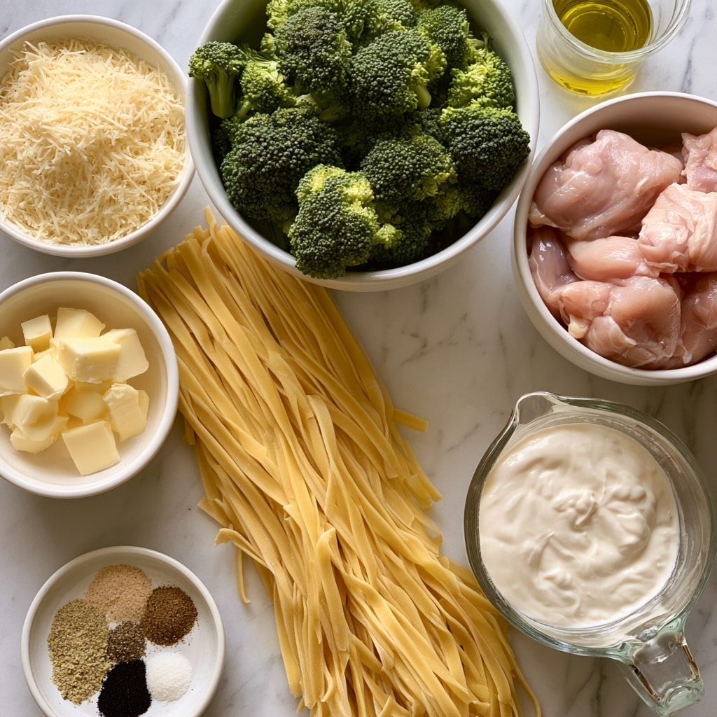 The image shows several bowls and items arranged on a white marbled surface. In a large white bowl in the top center, there are bright green broccoli florets. To the right, a white bowl contains raw pink chicken pieces. Below the chicken, a glass measuring cup filled with thick white heavy cream is placed. Long, uncooked yellow fettuccine pasta strands lie diagonally across the center of the image. On the left side, a white bowl holds small cubes of pale yellow butter, and above it, another white bowl is full of finely grated pale yellow Parmesan cheese. A small clear glass holds golden olive oil near the top right corner. At the bottom left, a small white plate displays different ground spices in separate piles, including light brown, dark brown, black, and white colors. Photo taken with an iphone --ar 4:5 --v 7