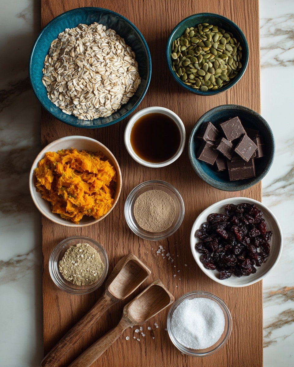 The image shows various ingredients laid out on a wooden table. In the middle, there is a blue bowl filled with light tan rolled oats. Above it to the left, a small white bowl holds dark brown liquid, possibly syrup. Next to it on the right, a dark blue bowl contains green pumpkin seeds, and beside that another dark blue bowl is filled with chopped dark brown chocolate. Below the pumpkin seeds and chocolate, two small clear glass bowls are filled with a light brown powder and white baking powder. To the left, a white bowl holds bright orange mashed pumpkin. Below the oats, two wooden measuring spoons lie flat on the table. Finally, at the bottom right, a dark blue bowl has dark dried cranberries and beside it two small clear bowls contain white granulated sugar and salt. The setting is on a white marbled surface. Photo taken with an iphone --ar 4:5 --v 7
