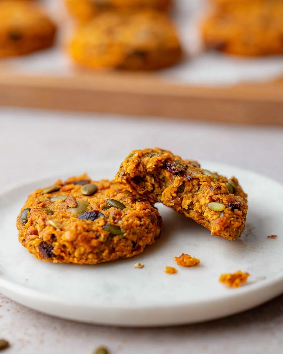 Two round orange-brownish cookies with mixed seeds and small dark chunks are placed on a white plate with a white marbled texture under it. One cookie is whole, and the other has a bite taken from it, showing a dense and textured inside with visible seeds and chunks. In the blurred background, more cookies are visible on a white tray. Small crumbs from the cookies are scattered on the plate and nearby surface photo taken with an iphone --ar 4:5 --v 7
