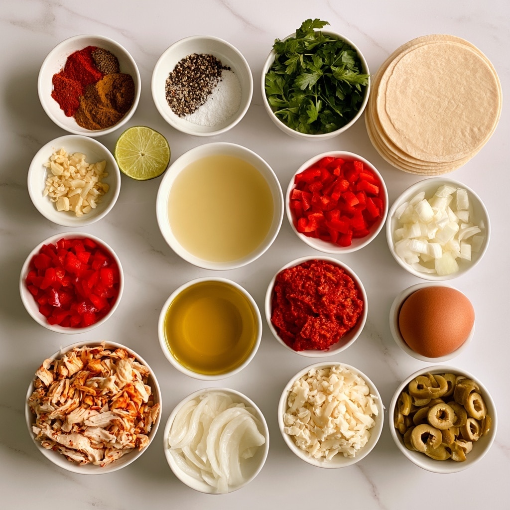 The image shows a white marbled surface with several white bowls and small dishes arranged neatly, each containing different ingredients for chicken empanadas. Starting from the top left, there is a small fluted dish filled with various colorful spices including red and brown powders, black pepper, and white salt. Next to it is a cup with fresh green parsley leaves, followed by a tiny bowl with chopped garlic. Next to the garlic, a halved lime sits beside a small jar of pale yellow chicken broth. In the center, a stack of light beige dough discs rests flat, looking soft and smooth. Surrounding the dough, there is a white bowl filled with chopped white-yellow onions, another one with bright red diced bell peppers, and a bowl heaped with shredded cooked chicken in light brown and white shades. Above the chicken is a small container of golden olive oil, and to the side, a small white dish filled with rich red tomato paste. To the right, there is another bowl with shredded white Monterey Jack cheese, a brown egg, and a small white dish holding sliced green olives. The layout is clean and bright, with all items clearly visible and well spaced. photo taken with an iphone --ar 4:5 --v 7