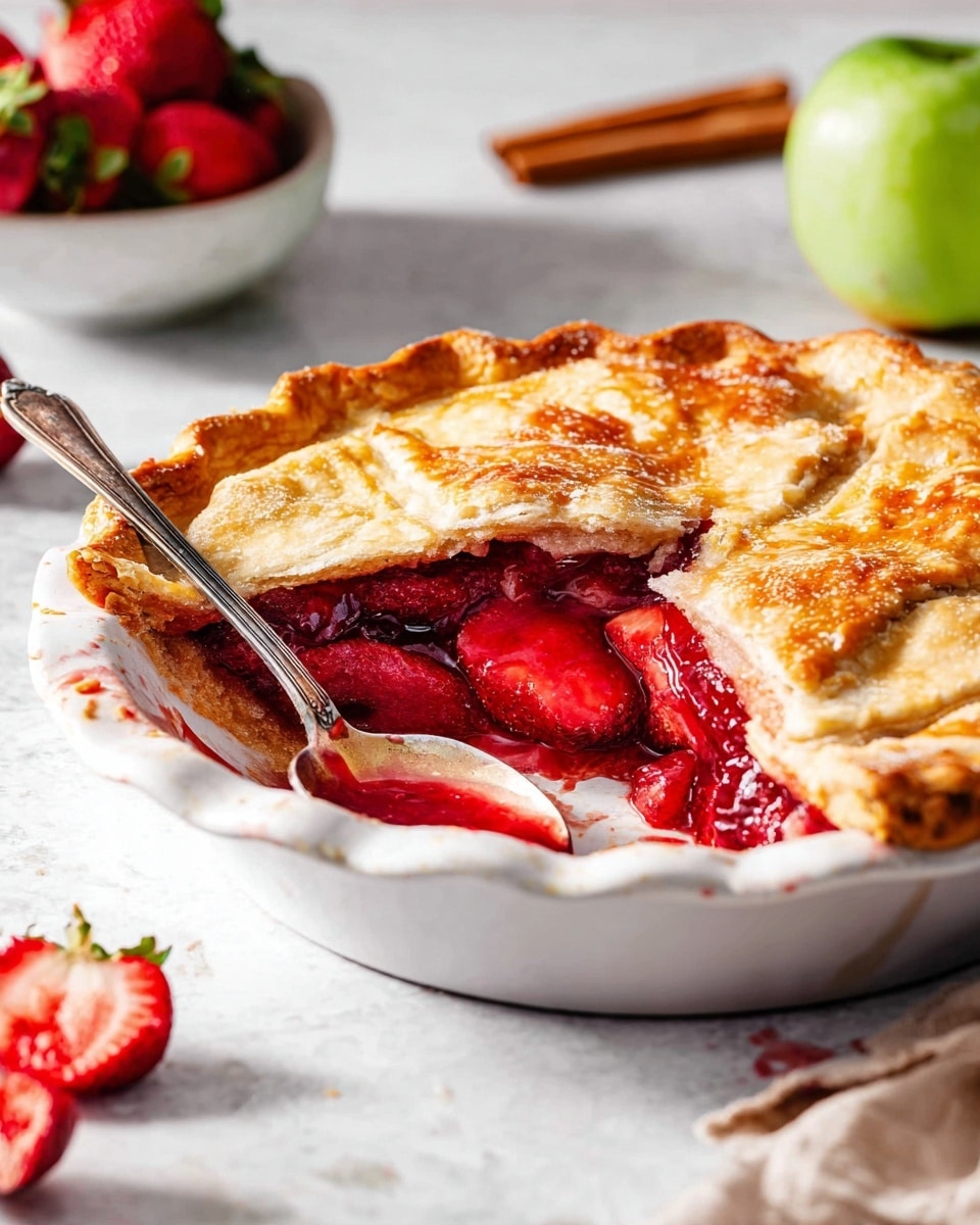 A sliced strawberry pie shown from the side in a white pie dish on a white marbled surface, featuring three layers: a golden brown flaky crust on top with a slightly shiny glaze, a thick, deep red strawberry filling with visible chunks and syrup, and a golden brown textured bottom crust. A silver spoon rests inside the dish with some strawberry filling on it, and a few stray bits of sauce are on the dish rim. A bowl of strawberries and two green apples lie blurred in the background with some cinnamon sticks and a strawberry slice in front. Photo taken with an iphone --ar 4:5 --v 7