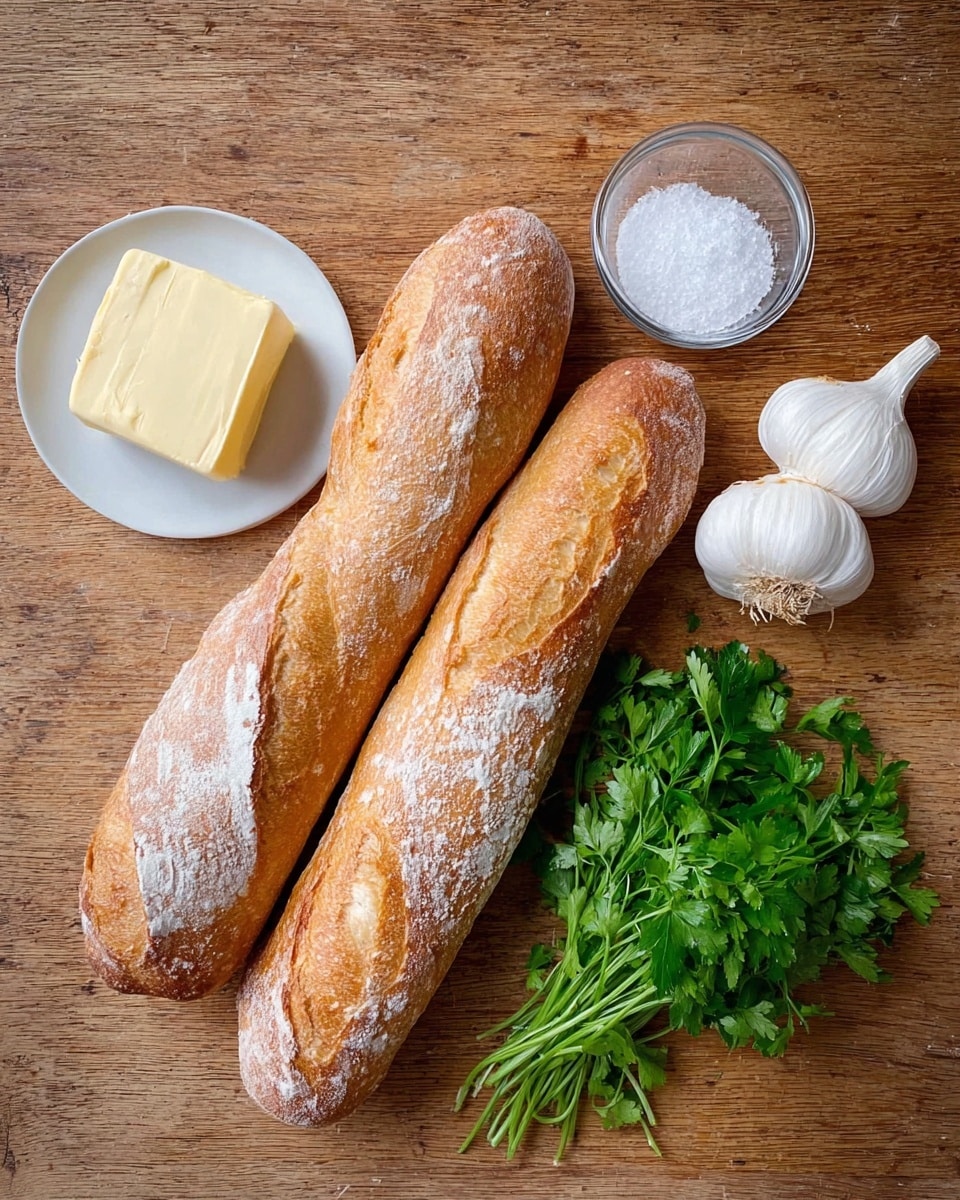 Two golden brown baguettes with a light dusting of flour rest side by side on a wooden surface. Next to them, from left to right, is a small white plate holding a thick square of pale yellow butter, a clear small bowl filled with coarse white salt, a whole white garlic bulb, and a fresh bunch of bright green parsley with leafy stems. The scene is simple, showing fresh ingredients for a rustic meal. Photo taken with an iphone --ar 4:5 --v 7