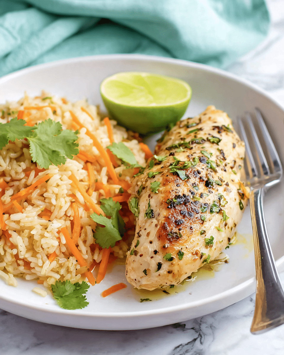 A white plate holds a cooked chicken piece with visible black pepper and green herbs sprinkled on top, giving it a slightly textured look. To the left of the chicken is a pile of rice mixed with thin, orange carrot strips and garnished with green cilantro leaves. A bright green lime wedge sits near the chicken. A silver fork rests on the right side of the plate. The plate is placed on a white marbled surface with a pale blue cloth in the background. photo taken with an iphone --ar 4:5 --v 7