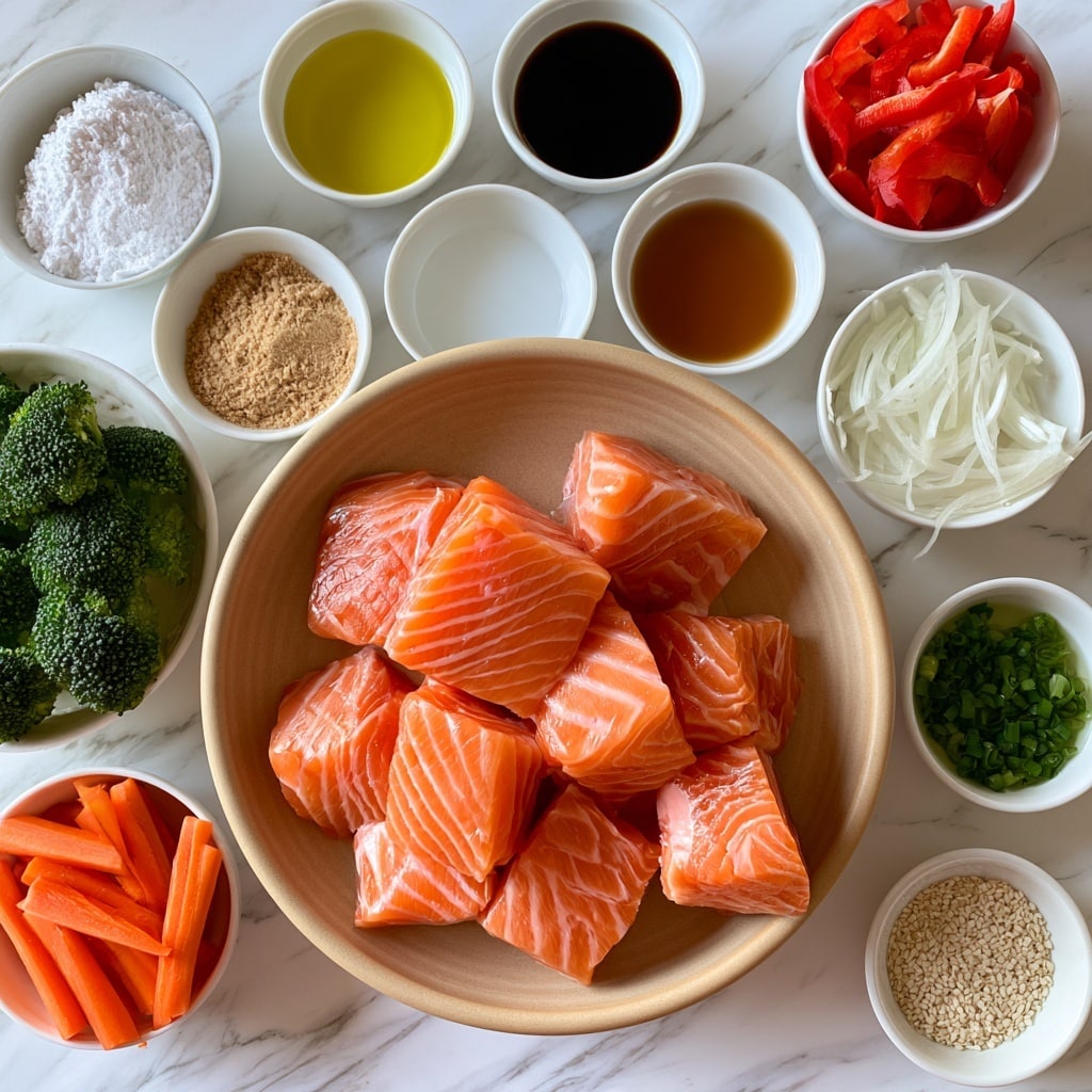 A round light brown bowl in the center holds several pieces of raw salmon cut into thick cubes with bright orange and white marbling. Around it, on a white marbled background, are small white bowls holding various ingredients: bright red sliced pepper on the top right, thin white onion slices below that, bright orange carrot sticks on the bottom left, and green broccoli florets on the far left. Other small white bowls hold white starch powder, yellow sesame oil, dark soy sauce, dark brown maple syrup, light brown rice vinegar, light tan garlic and ginger powder mix, white water, finely chopped green onions, light tan oil, and white sesame seeds. Each ingredient is cleanly arranged in separate bowls with clear labels above or near the bowls. The overall scene is neat, colorful, and bright with good light. photo taken with an iphone --ar 4:5 --v 7