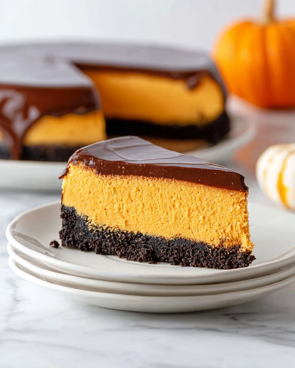 A slice of cheesecake with three distinct layers sits on a white plate on a white marbled surface. The bottom layer is a dark, crumbly crust that forms the base, followed by a thick middle layer of smooth, bright orange pumpkin cheesecake filling. The top layer is a glossy, dark brown chocolate ganache, spread evenly and slightly rippled. In the background, the full round cheesecake with the same three layers is visible, also on a white plate. To the right, a round orange pumpkin adds a seasonal touch. Photo taken with an iphone --ar 4:5 --v 7