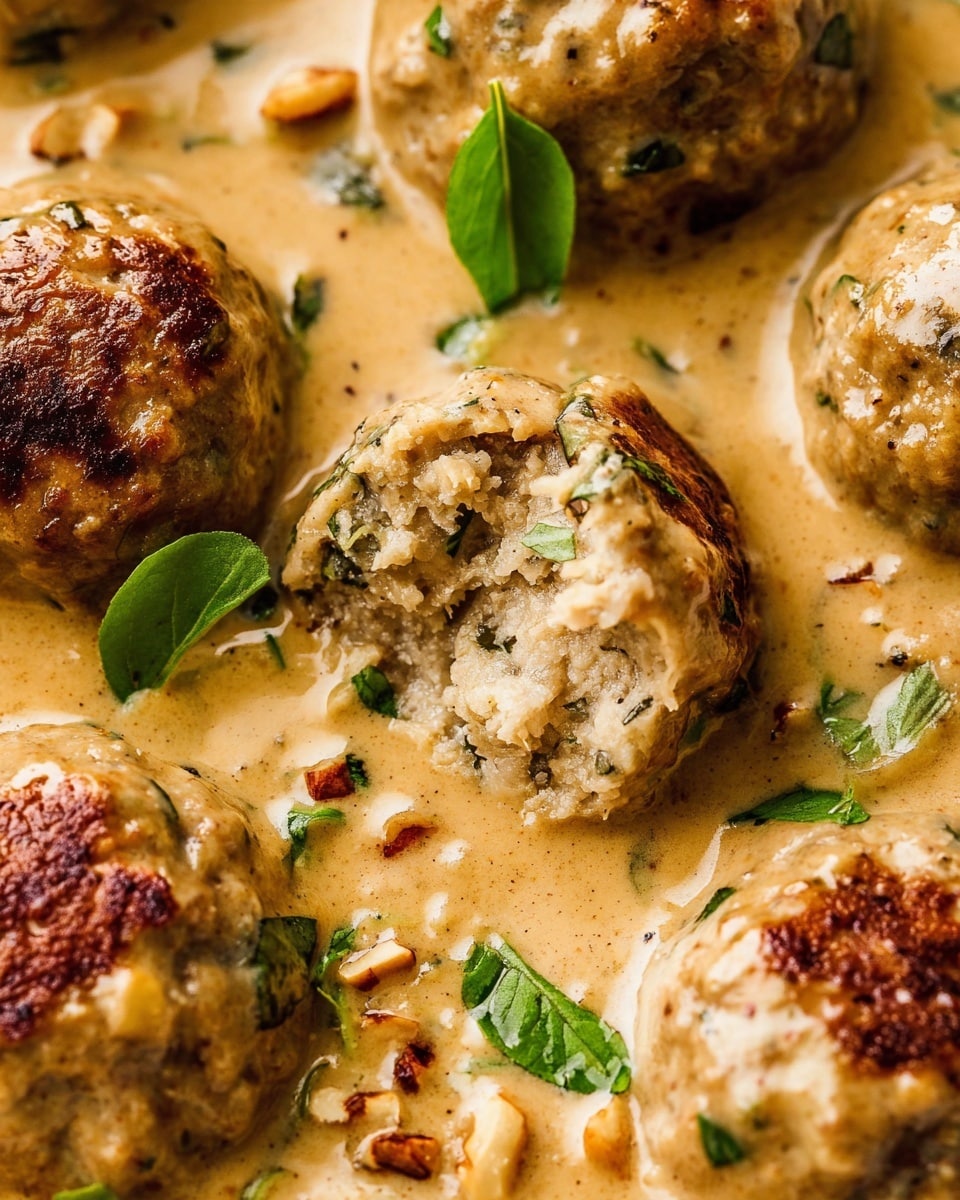 A close-up view of several round meatballs covered in a creamy light brown sauce with visible green herbs and small chunks inside the meatballs. One meatball is cut open showing a soft texture with bits of onion and herbs inside. The sauce also includes small pieces of nuts and fresh green herb leaves scattered on top. The background is white marbled texture. photo taken with an iphone --ar 4:5 --v 7