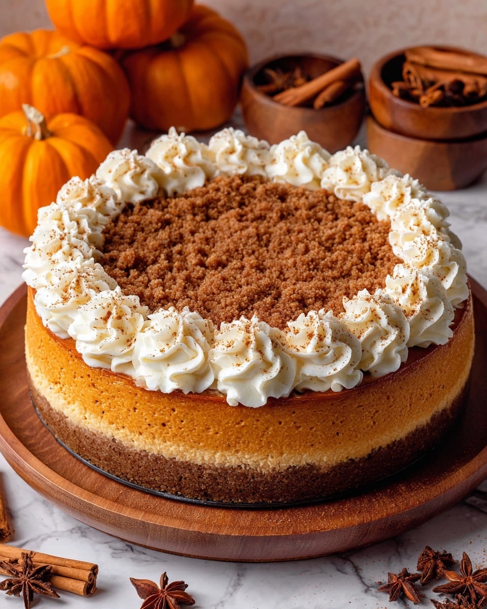 A round pumpkin cheesecake with three visible layers: a brown crumbly crust at the bottom, a thick orange pumpkin-flavored cheesecake layer in the middle, and a crumbly brown streusel topping on top. Around the edge of the cheesecake, there is a ring of white whipped cream piped in large swirls, sprinkled lightly with brown spice powder. The cheesecake sits on a wooden board, with small orange pumpkins and wooden bowls filled with star anise and cinnamon sticks nearby. The background is a white marbled surface. Photo taken with an iphone --ar 4:5 --v 7