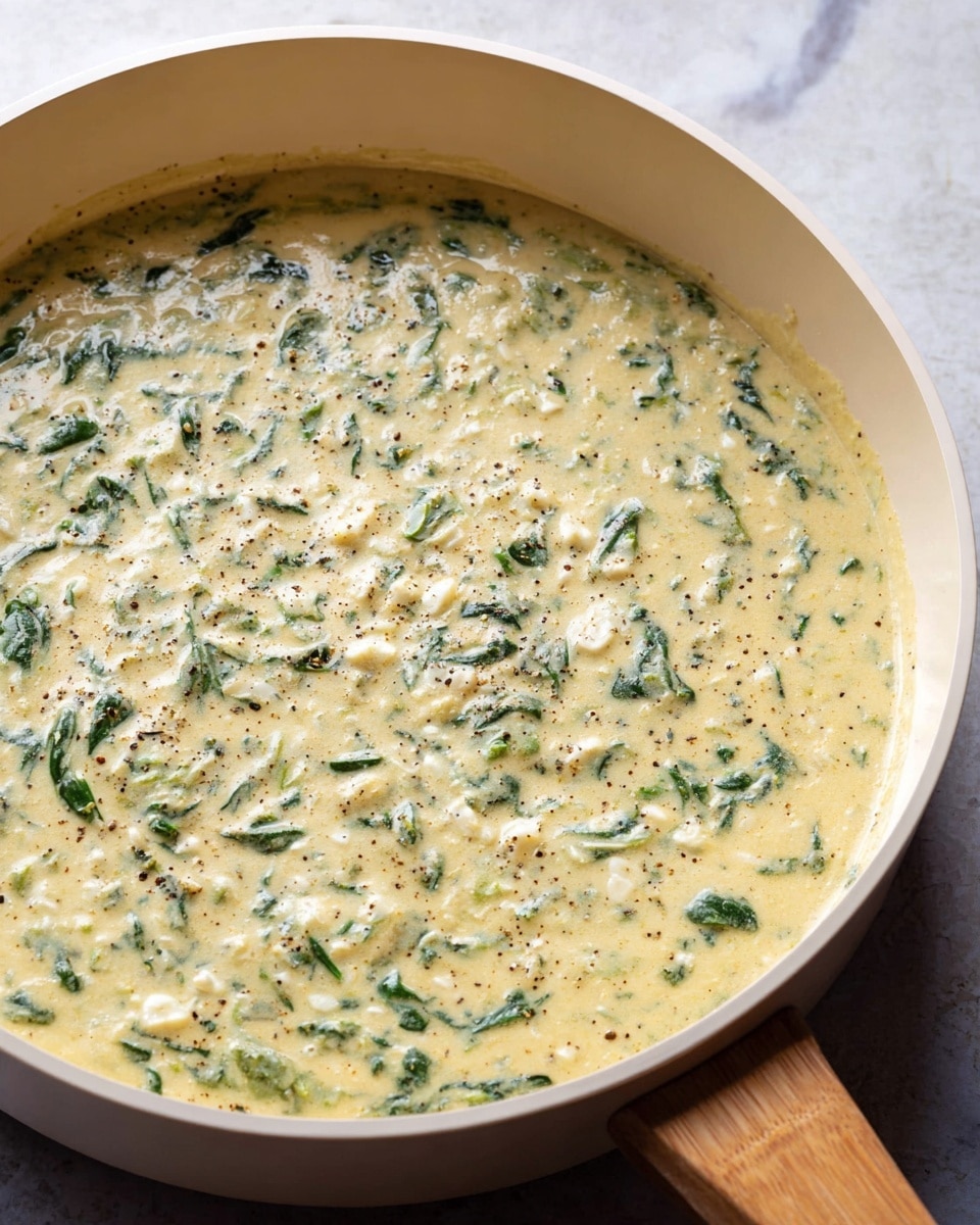 A creamy mixture fills a white pan, showing about a half inch thick of a pale yellow base with small green leafy pieces spread throughout, likely spinach or herbs. There are small white chunks scattered evenly, mixed into the creamy texture. The surface is speckled with a light dusting of black pepper, giving a subtle contrasting texture. The background has a white marbled texture and a wooden handle is visible on the right side of the pan. photo taken with an iphone --ar 4:5 --v 7