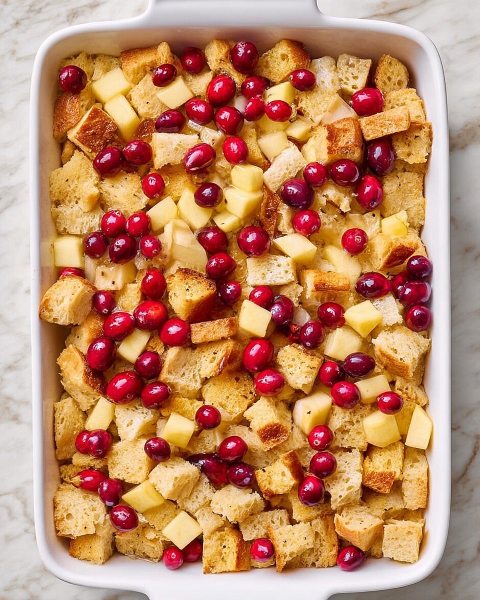 The image shows a white rectangular baking dish filled with a layered dessert. The bottom and middle layers consist of soft, light brown pieces of bread that have a spongy texture. Scattered evenly across and between these bread chunks are small, diced yellow pieces of fruit, likely apple, adding a subtle contrast. Bright red cranberries are spread throughout the dish, popping visually with their shiny, smooth surface and round shape. The dish sits on a white marbled surface which highlights the warm and fresh colors in the dessert. Photo taken with an iphone --ar 4:5 --v 7