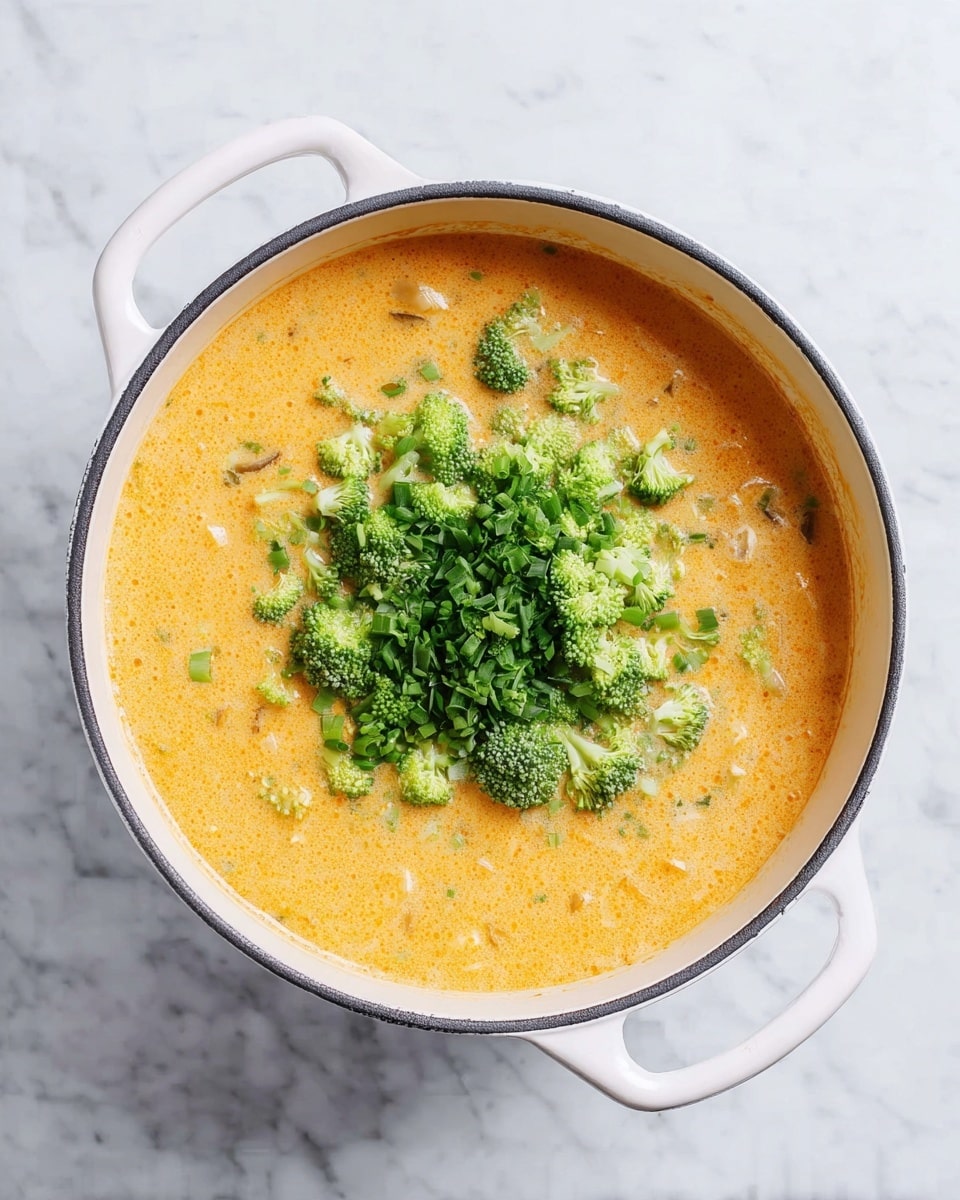 A white pot with two handles holds a creamy orange soup filling most of the pot, with small chunks visible in the soup. On top, a pile of bright green chopped broccoli sits in the center, adding a fresh and lively contrast to the orange soup. The pot rests on a white marbled surface, giving a clean and simple background. Photo taken with an iphone --ar 4:5 --v 7