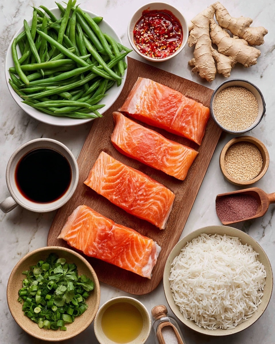 Four raw salmon fillets with bright orange and white marbled texture lie flat on a wooden tray at the bottom right. To the top left of the tray is a white bowl filled with fresh green beans. Above the salmon, an off-white bowl holds thick, red chili sauce with visible chili flakes. To the right of the sauce, a white bowl contains fresh green cilantro and several light beige ginger roots. Below that, a small white bowl has dark soy sauce, while a reddish-pink bowl nearby is filled with light brown sugar. At the bottom center-left, a round tan bowl holds light tan sesame seeds with a small wooden scoop inside. Next to it is a small white ceramic jar with dark sauce, and a small bowl with light mustard yellow liquid. A flat tan plate at the bottom left holds bright green chopped scallions. At the bottom right corner, a tan bowl is filled with steamed white rice. The image is set on a white marbled surface photo taken with an iphone --ar 4:5 --v 7