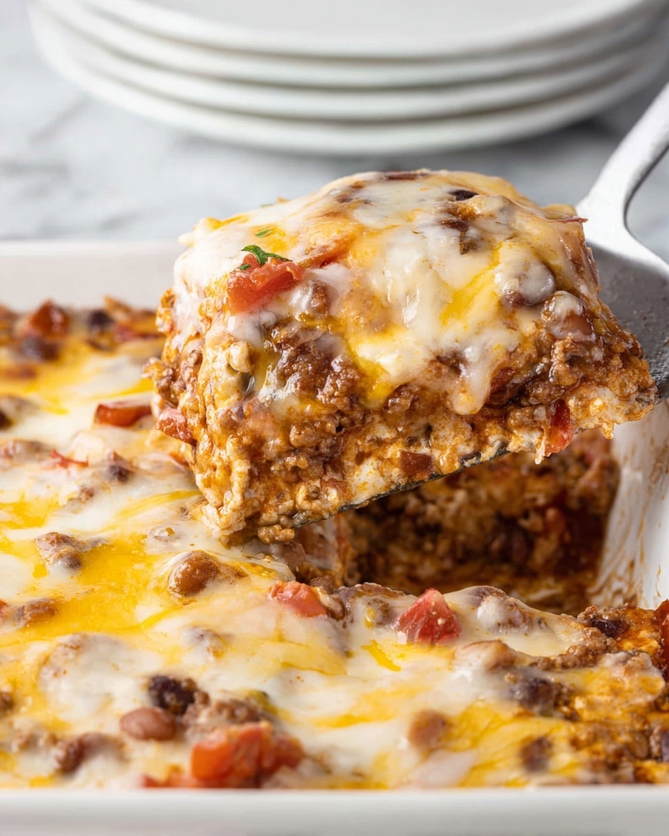 A close-up of a cheesy layered casserole showing three clear layers: the bottom layer is a soft, light-colored base, the middle layer is a mix of brown beans, ground meat, and diced tomatoes with a chunky texture, and the top layer is melted white and yellow cheese with a gooey, slightly browned surface. The dish is being lifted by a metal spatula, revealing the layers melting together. The casserole sits in a white rectangular dish on a white marbled surface, with a few plates stacked blurred in the background. Photo taken with an iphone --ar 4:5 --v 7