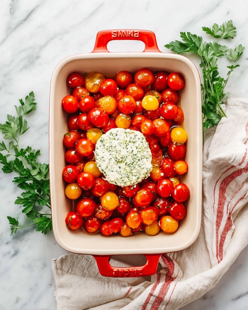 A rectangular white ceramic baking dish with bright red handles is filled evenly with small, shiny cherry tomatoes in red, orange, and yellow colors. In the center, there is a round portion of soft white cheese with herbs speckled inside, resting on top of the tomatoes. The dish is placed on a white marbled surface with green parsley sprigs on the left side and a beige cloth with red stripes partially underneath on the right, giving a fresh, simple, and inviting look. photo taken with an iphone --ar 4:5 --v 7