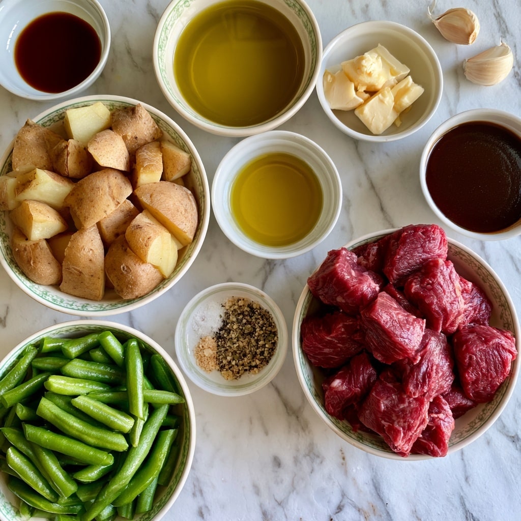 A top view of several small white bowls on a white marbled surface, each holding different ingredients. In the center right, a white bowl filled with raw steak bites in red color, showing juicy texture. Above it to the right, a small white bowl with a few pieces of light yellow butter, next to it in another white bowl is dark brown Worcestershire sauce. To the far right top, two garlic cloves lie on the surface. Above the steak bites, a white bowl with golden-yellow olive oil liquid. To the left center, a white bowl filled with light brown potatoes cut into chunks with skin on. Below that, a white bowl with bright green beans heaped inside. To the left top corner, a small white bowl holds dark brown soy sauce. In front of the potatoes and green beans, a tiny white bowl contains a dry steak seasoning mix with colors including light brown, black, and white. The bowls have a delicate green pattern around the rim. photo taken with an iphone --ar 4:5 --v 7