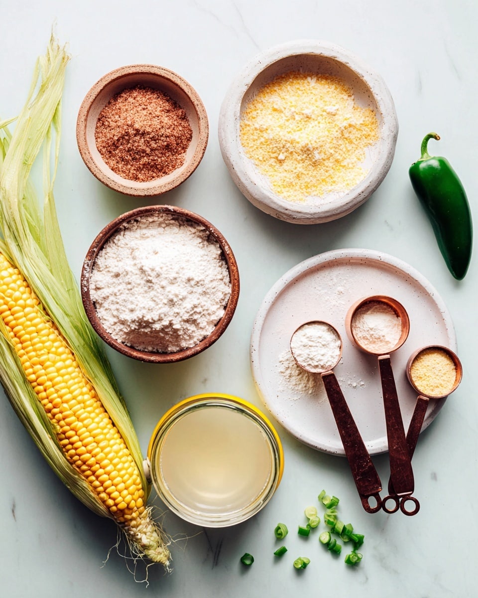 A top-down view shows a fresh ear of corn with some yellow kernels beside it on a white marbled surface. Next to it are three round bowls: the top one contains a coarse reddish-brown spice mix, the middle bowl has a pale yellow flaky powder, and the bottom bowl holds white flour. On the right side, a white plate holds a green jalapeño pepper and three copper measuring spoons with dark wooden handles laid across it. The spoons each have a white powder, a light beige powder, and a white granular powder. Below them is a small yellow and white bowl filled with a golden liquid. A clear glass jar with a white liquid sits beside the bowl. Small green chopped bits are scattered near the jalapeño. The whole setup is arranged on a clean white marbled texture. photo taken with an iphone --ar 4:5 --v 7