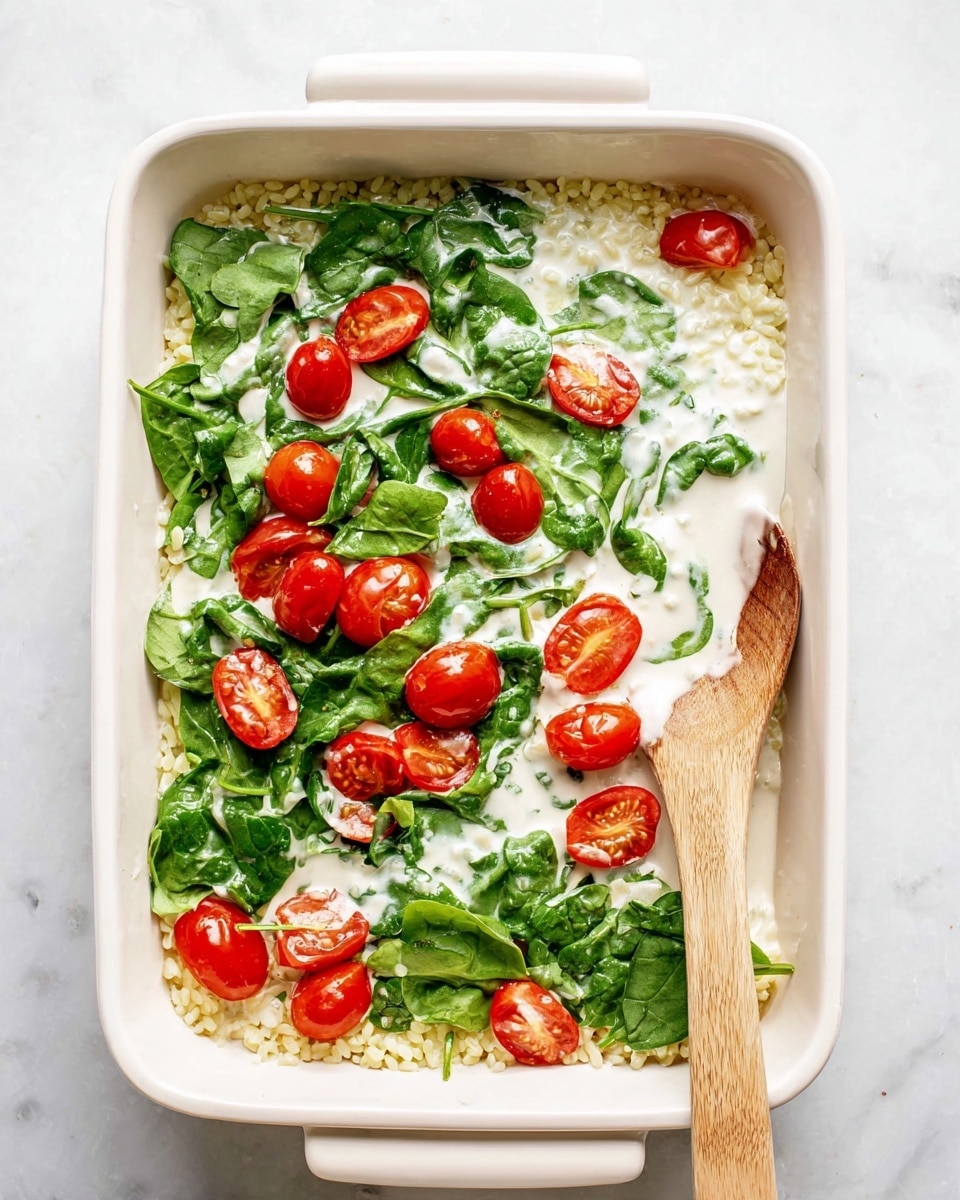 A white rectangular baking dish holds a layered mix of food. The bottom layer is light yellow rice or pasta shaped like small grains. On top, there is a layer of fresh, green spinach leaves spread evenly, some partially submerged in a creamy, white sauce covering much of the dish. Scattered among the spinach are bright red cherry tomatoes, some whole and some slightly split, adding a pop of color. A light wooden spoon rests on the right side of the dish, partially dipped in the sauce and greens. The dish sits on a clean white marbled surface. Photo taken with an iphone --ar 4:5 --v 7
