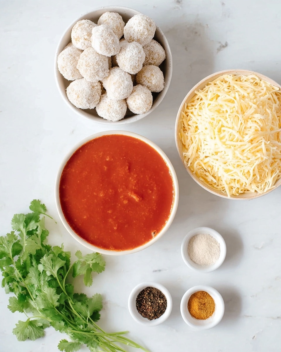 There are four bowls and a small bunch of cilantro on a white marbled surface. The largest bowl is filled with bright red tomato soup or sauce, smooth and shiny, and placed near the bottom left. Above it to the left is a bowl full of small, round breaded balls dusted with flour. To the right of these balls, a bowl contains a generous pile of shredded yellow cheese with a fine texture. At the bottom right, a small white bowl holds four different spices in separate neat piles: reddish brown, black, light brown, and golden. Below all the bowls, fresh green cilantro with detailed leaves lies flat on the surface. photo taken with an iphone --ar 4:5 --v 7