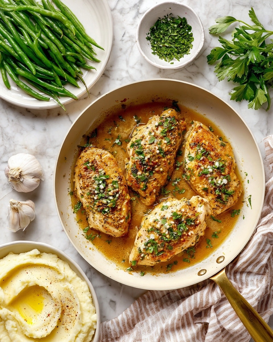 A white pan with a gold handle holds four pieces of cooked chicken with a golden brown color, seasoned with herbs and topped with small green parsley pieces, all sitting in a light brown sauce with some oil shine. To the top left is a white plate with fresh green beans arranged in a loose pile. Above the pan, a small round white bowl contains finely chopped green herbs. To the right, fresh whole parsley sprigs and a bulb of garlic lie on a white marbled surface. To the bottom left, there is a white bowl filled with creamy mashed potatoes topped with a swirl of melted butter and a sprinkle of black pepper. A beige and white striped cloth napkin is folded near the pan. photo taken with an iphone --ar 4:5 --v 7