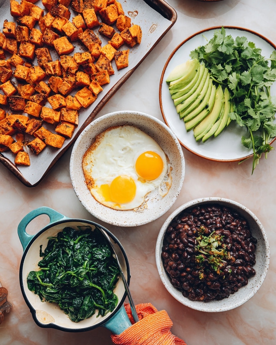 The image shows a set of dishes on a white marbled surface. At the top left, there are cubed, roasted orange sweet potatoes with a slightly browned texture arranged on parchment-lined tray. To the right, there is a white plate holding thin slices of green avocado fanned out next to a bunch of fresh, green cilantro. Below, a speckled white bowl holds cooked dark green spinach with a glossy texture. Next to it, a black-edged white skillet with a turquoise handle contains two sunny-side-up eggs with bright yellow yolks and white edges. Adjacent to the spinach, a white bowl with a dark rim contains a dark textured mix of cooked black beans. A woman’s hand is holding the skillet’s handle with an orange cloth. Photo taken with an iphone --ar 4:5 --v 7