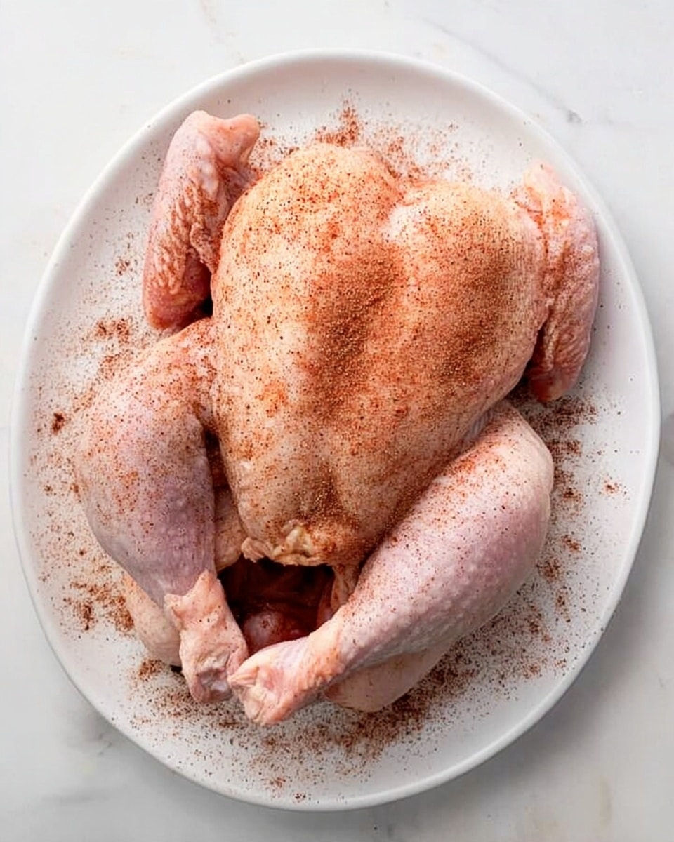 A whole raw chicken lies flat on its back on a white oval plate placed on a white marbled surface. The chicken is pale pink with a smooth texture, showing slight moisture on the skin. It has four visible parts: two drumsticks extending upward and outward, two wings folded closer to the body, and the main body in the center. The entire chicken is covered with a reddish-brown spice rub spread evenly to coat all parts, with some extra spice scattered around the edges of the plate. The scene is clean and simple, focusing on the chicken before cooking. Photo taken with an iphone --ar 4:5 --v 7