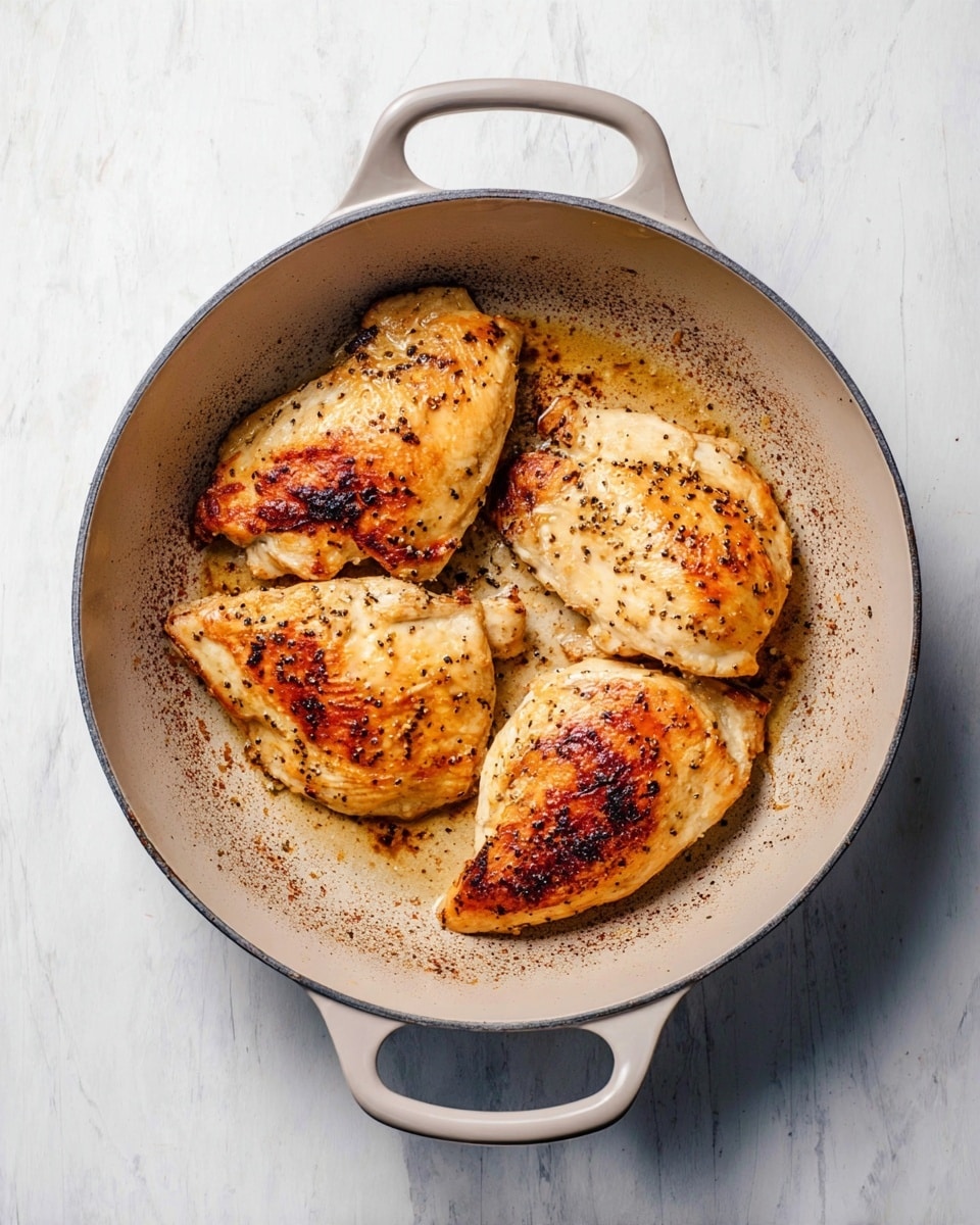 A round light gray pan with two handles holds four cooked chicken pieces arranged in a loose circle. Each piece has a golden-brown crust with light char marks and a toasted texture, sprinkled with small black pepper specks. The pan's inside surface shows browned spots and slight cooking residue, adding to the rustic look. The setup rests on a white marbled surface. photo taken with an iphone --ar 4:5 --v 7