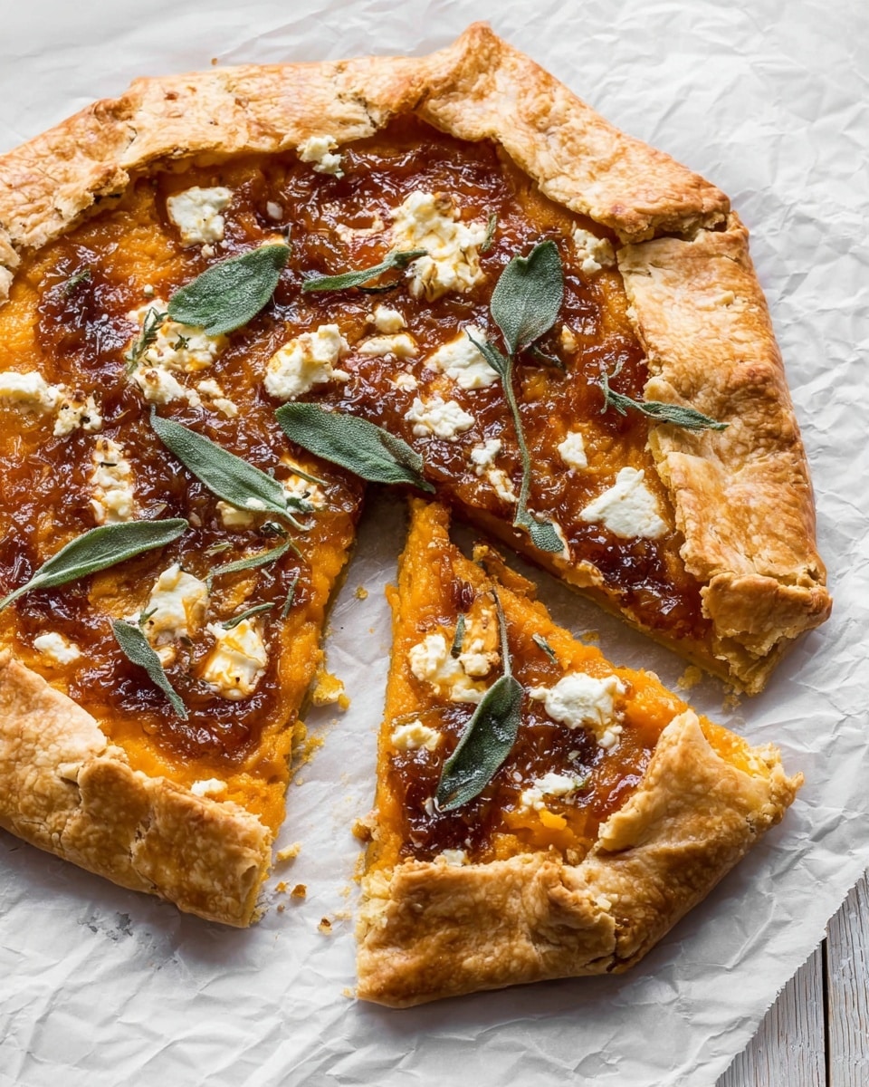 A round galette with one slice slightly pulled away shows a golden brown, flaky crust that folds over an orange filling layer. On top of the orange layer is a dark, thick sauce spread unevenly, scattered with small white cheese pieces and whole green sage leaves. The galette sits on crumpled white parchment paper over a white marbled surface. Photo taken with an iphone --ar 4:5 --v 7