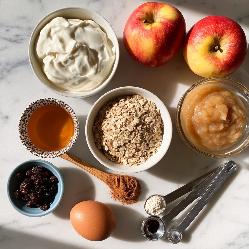 The image shows a spread of ingredients on a white marbled surface, all in separate white or patterned small bowls and cups. In the center is a white bowl filled with light tan rolled oats. Above it to the left is a white bowl holding plain white Greek yogurt with a thick texture. Above right are two whole red apples with yellow patches. Below the rolled oats is a small patterned cup filled with golden-brown honey, and next to it is a small glass cup filled with light brown applesauce. To the right of the applesauce is a small wooden spoon lightly filled with reddish-brown cinnamon powder. Next to the cinnamon is a small blue bowl containing dark brown raisins. Near the bottom right, there is one brown egg resting on the surface. Below the cinnamon and raisins are three measuring spoons arranged diagonally: one has white baking powder, the other has a small amount of vanilla, and the last is empty. The light and shadows suggest soft natural lighting, and the whole setup looks clean and orderly. Photo taken with an iphone --ar 4:5 --v 7