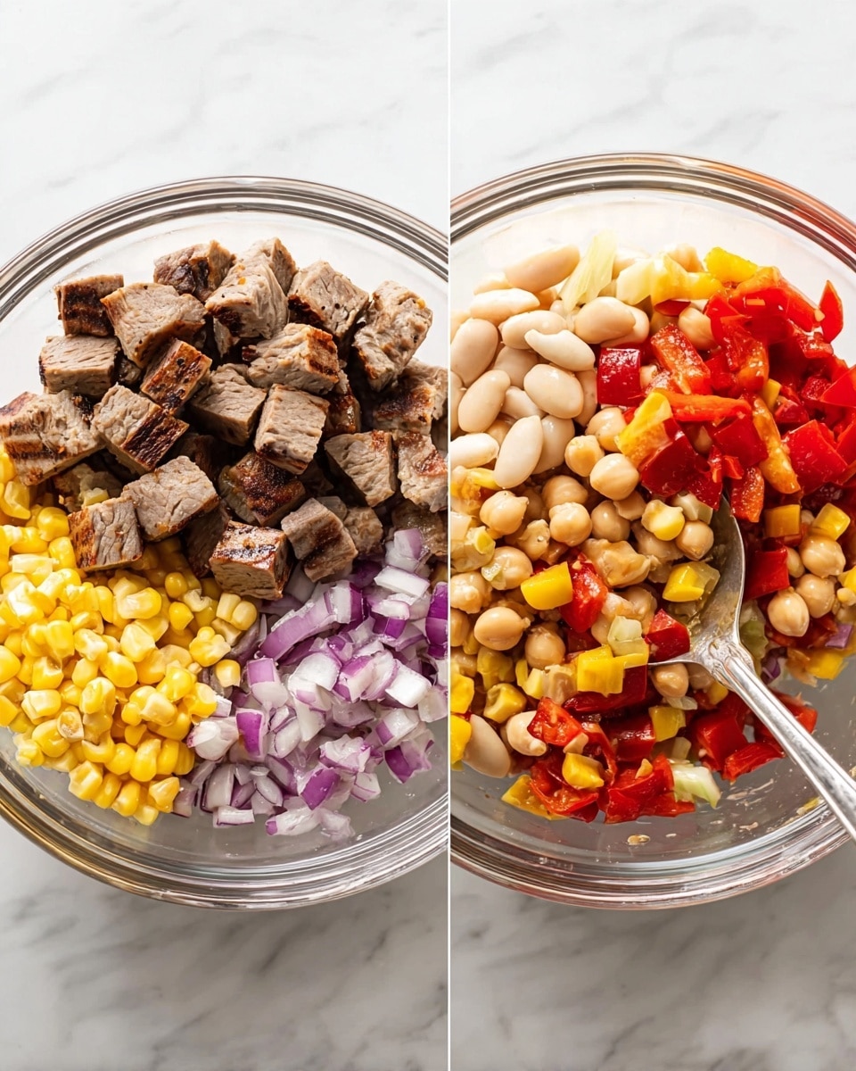 A white bowl filled with a colorful mix of ingredients including small white beans, chickpeas, grilled corn cut into small round pieces, red bell pepper slices, and chunks of grilled beef. There are also bits of chopped red onion and green herbs scattered evenly throughout the salad. In the background, a white dish holds whole corn pieces and a small purple bowl with a creamy sauce. The scene is set on a white marbled surface, and a pair of chopsticks rests inside the bowl. photo taken with an iphone --ar 4:5 --v 7