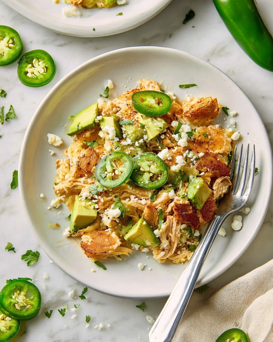 The dish shows a white plate with two main layers: at the bottom, light shredded pieces of cooked chicken mixed with green sauce and small herbs, and on top, golden brown crispy pieces arranged unevenly. Scattered on the top layer are bright green slices of jalapeño pepper and small chunks of ripe avocado. Some white crumbly cheese is sprinkled over the whole dish, along with bits of fresh green leaves. A metal fork rests on the right side of the plate, and the plate sits on a white marbled surface with extra jalapeño slices and cheese crumbs visible around. Photo taken with an iphone --ar 4:5 --v 7