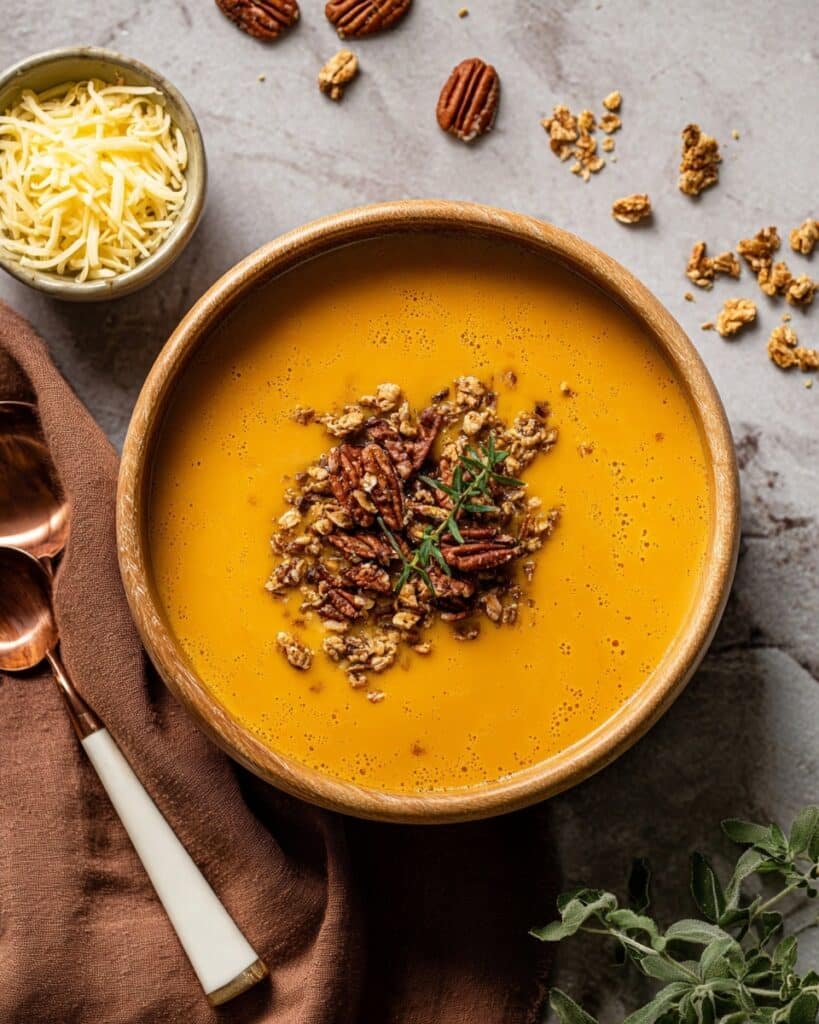 Apple Cheddar Sweet Potato Soup with Cinnamon Pecan Topping Recipe