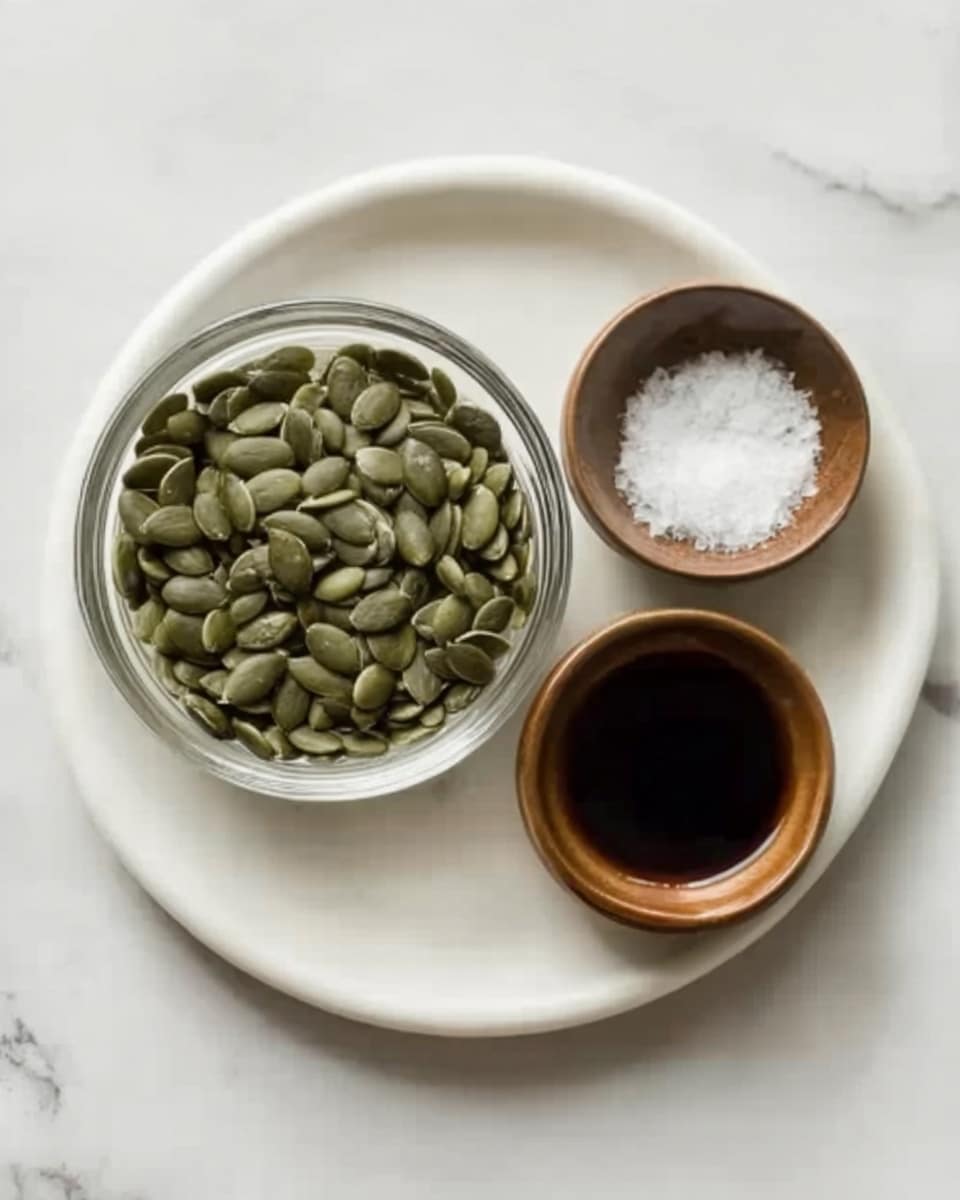 The image shows a white plate on a white marbled surface holding three small bowls. The largest bowl is clear glass and filled with green pumpkin seeds. Two smaller round bowls are brown; one contains white salt and the other holds a dark brown liquid, likely soy sauce or vinegar. All bowls are neatly arranged on the plate, creating a simple and clean presentation. Photo taken with an iphone --ar 4:5 --v 7