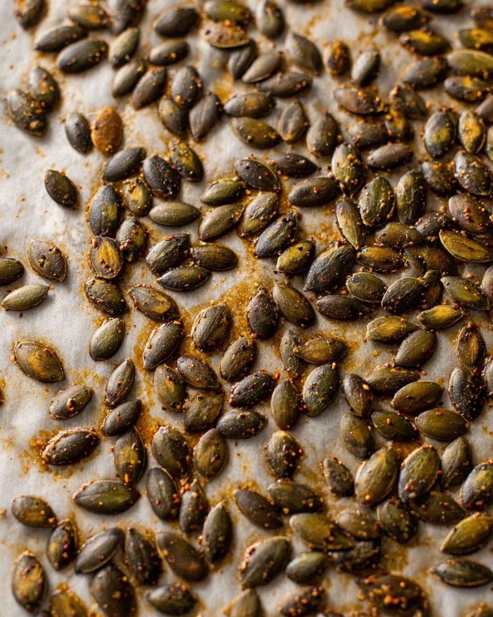 A close-up image shows a single layer of roasted pumpkin seeds spread unevenly over a baking sheet lined with parchment paper. The seeds are dark green to brown with some golden spots from roasting, and are coated in visible spices that add texture and specks of red and black. The parchment paper underneath is light beige with a few brown toasted spots where the seeds have released oil. The image focuses tightly on the seeds, highlighting their glossy, slightly wrinkled surface and rough spice coating. The background is softly blurred white marbled texture. photo taken with an iphone --ar 4:5 --v 7