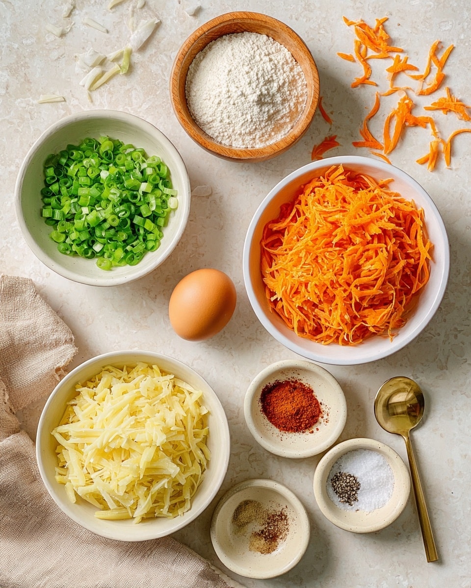 The image shows several ingredients neatly placed on a white marbled surface. At the center right is a white bowl filled with bright orange shredded carrots, above which some shredded carrot pieces are scattered. Below it, a white bowl contains light yellow shredded potatoes, with a few stray pieces near the bowl. To the left, a white bowl holds freshly chopped green onions, their vibrant green color standing out. Above this bowl, there is a small wooden bowl filled with white flour. In the middle of the setup, there is a single brown egg. On the bottom right, there is a small white bowl divided into four sections with different spices: black pepper, garlic powder, reddish paprika, and white baking powder. Next to it, a small beige dish contains salt with a golden spoon inside. A beige cloth is partially visible in the bottom left corner. Photo taken with an iphone --ar 4:5 --v 7