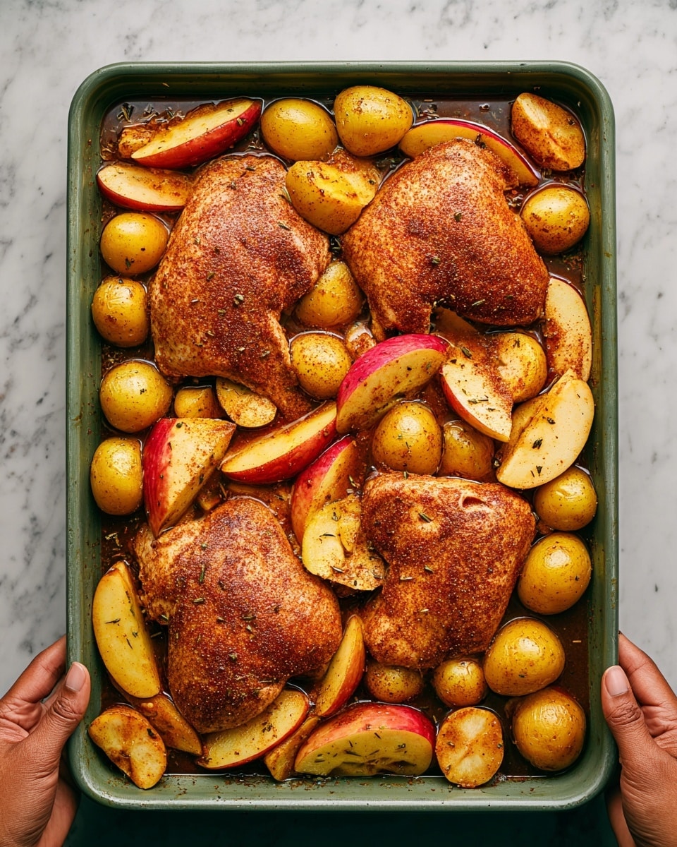 A baking tray filled with four large pieces of raw chicken coated in reddish brown spice mix, surrounded by whole small yellow potatoes and thick apple slices with red skin. The chicken and fruits sit in a dark liquid marinade with specks of herbs and spice scattered evenly across all ingredients. Two woman's hands holding the tray at the bottom corners, the tray is sage green and set on a white marbled surface. Photo taken with an iphone --ar 4:5 --v 7