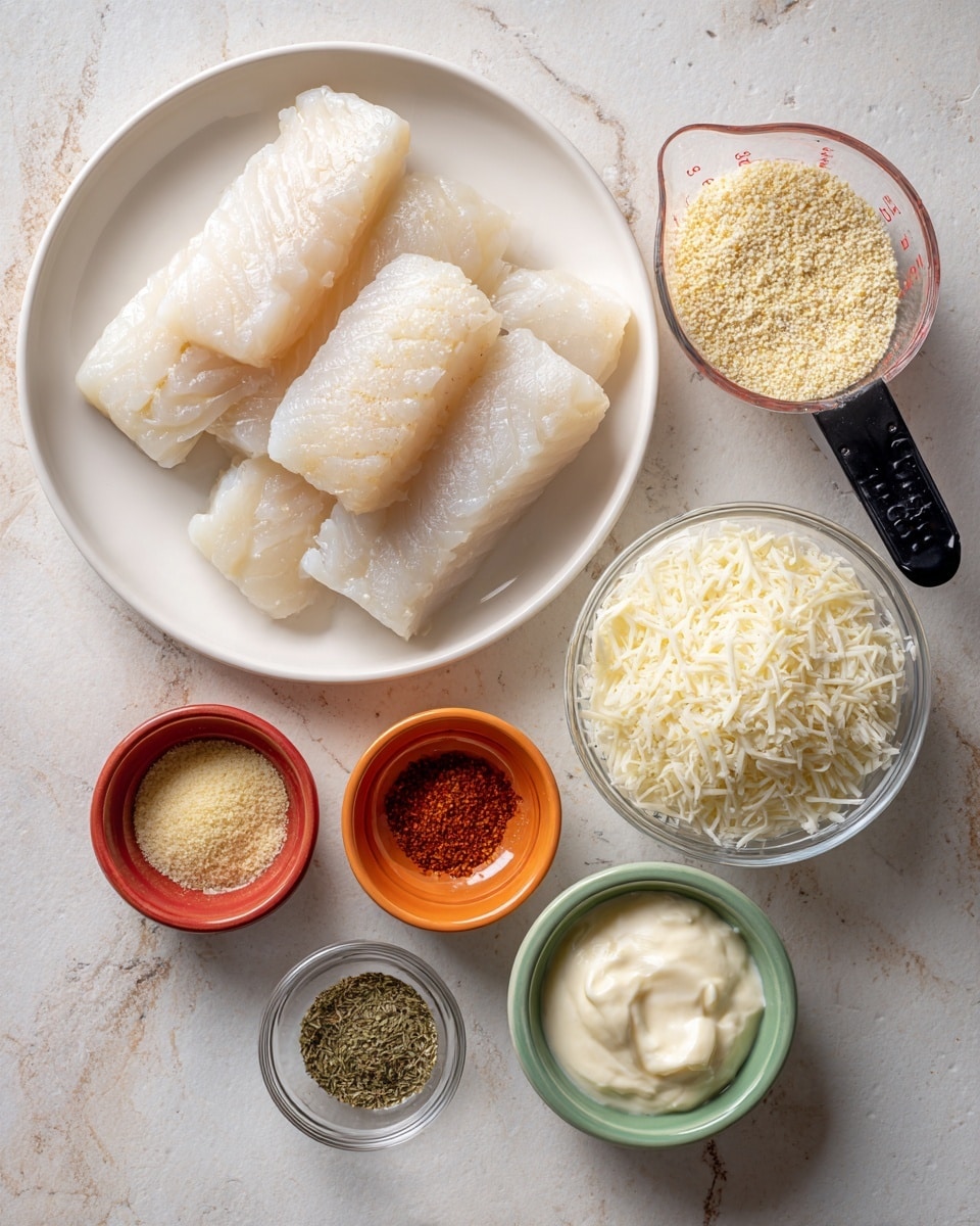 The image shows ingredients arranged on a white marbled surface, with four pale pink cod fillets placed on a white plate to the left. To the right, a clear measuring cup with a black handle contains light beige panko crumbs. Below the cod, there are three small bowls: a red bowl with onion powder that is light yellow, an orange bowl with garlic powder that is pale beige, and a small white bowl holding dark green Italian seasoning. Below these, another clear measuring cup with a black handle holds finely grated white parmesan cheese, and next to it is a small green bowl filled with creamy white mayo. Each ingredient is labeled in simple black text. Photo taken with an iphone --ar 4:5 --v 7