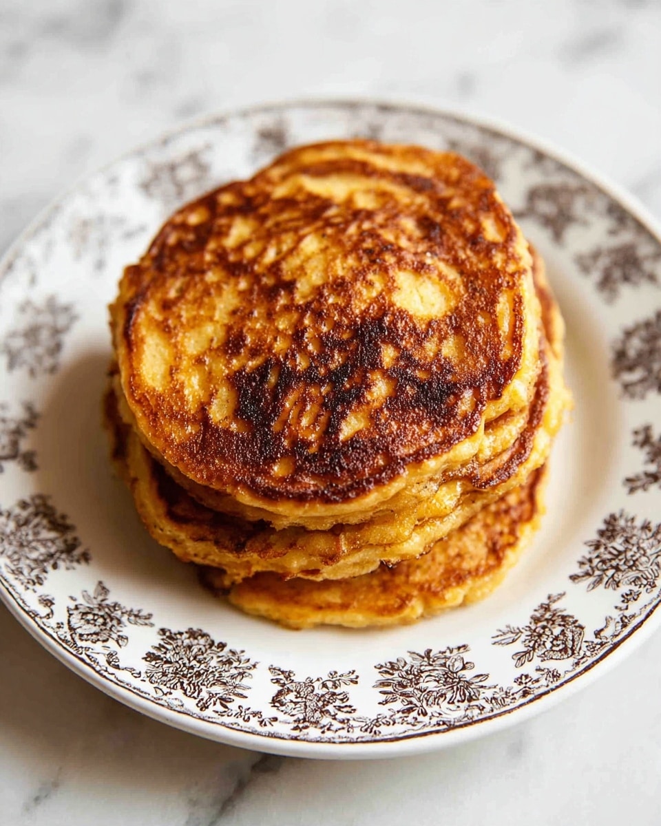 A stack of three golden-brown pancakes is placed in the center of a white plate with a dark floral pattern around the edges. Each pancake has a crispy texture with some darker charred spots on top, showing a slightly uneven surface that adds a rustic look. The pancakes are thick and fluffy, layered neatly one on top of another. The plate is set on a white marbled surface that provides a clean and bright background. Photo taken with an iphone --ar 4:5 --v 7