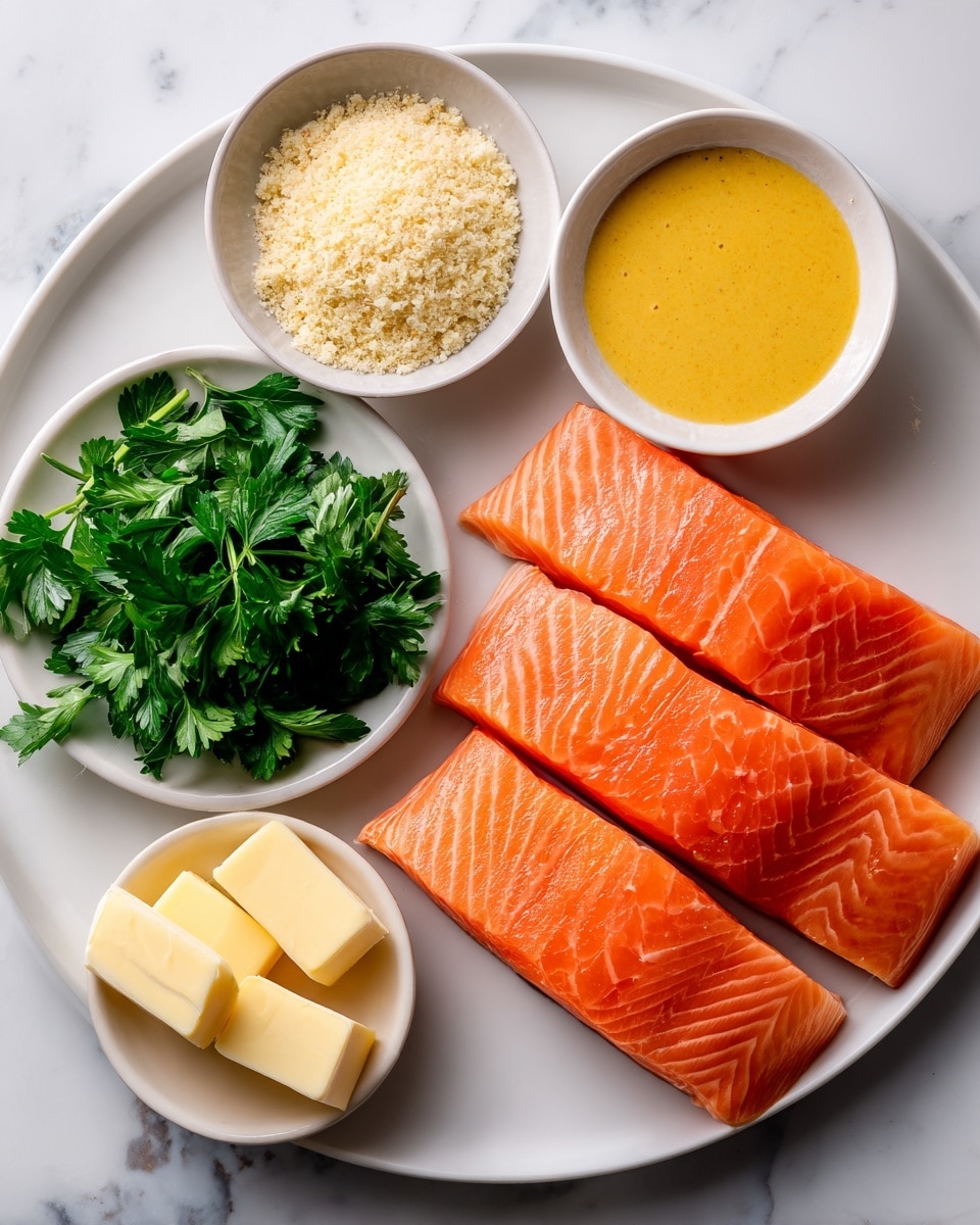 Four raw salmon fillets with a bright orange color and smooth texture are stacked on a round white plate on the right side of the image. To the left, there are four small white bowls placed on a white marbled surface; the top bowl holds a thick, smooth yellow honey mustard sauce, the bowl below it contains light, flaky panko crumbs, the next bowl down is filled with bright green fresh parsley leaves with a leafy texture, and the bottom bowl has several pieces of pale yellow butter. Everything is evenly lit, showing fresh ingredients clearly. photo taken with an iphone --ar 4:5 --v 7