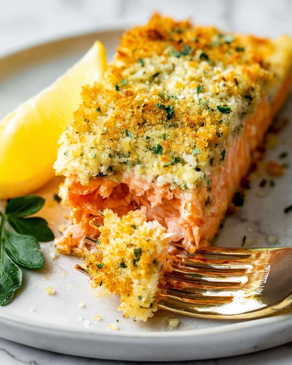A close-up of a piece of salmon on a white plate shows three main layers. The bottom layer is pink and soft with visible salmon flakes. The middle layer is orange and smooth, wrapping around the pink part. The top layer is crispy and golden with a crumb-like texture, speckled with green herbs. A silver fork holds a small piece of the salmon near the bottom. A lemon wedge and a small green leaf sit on the white marbled surface behind the plate. photo taken with an iphone --ar 4:5 --v 7