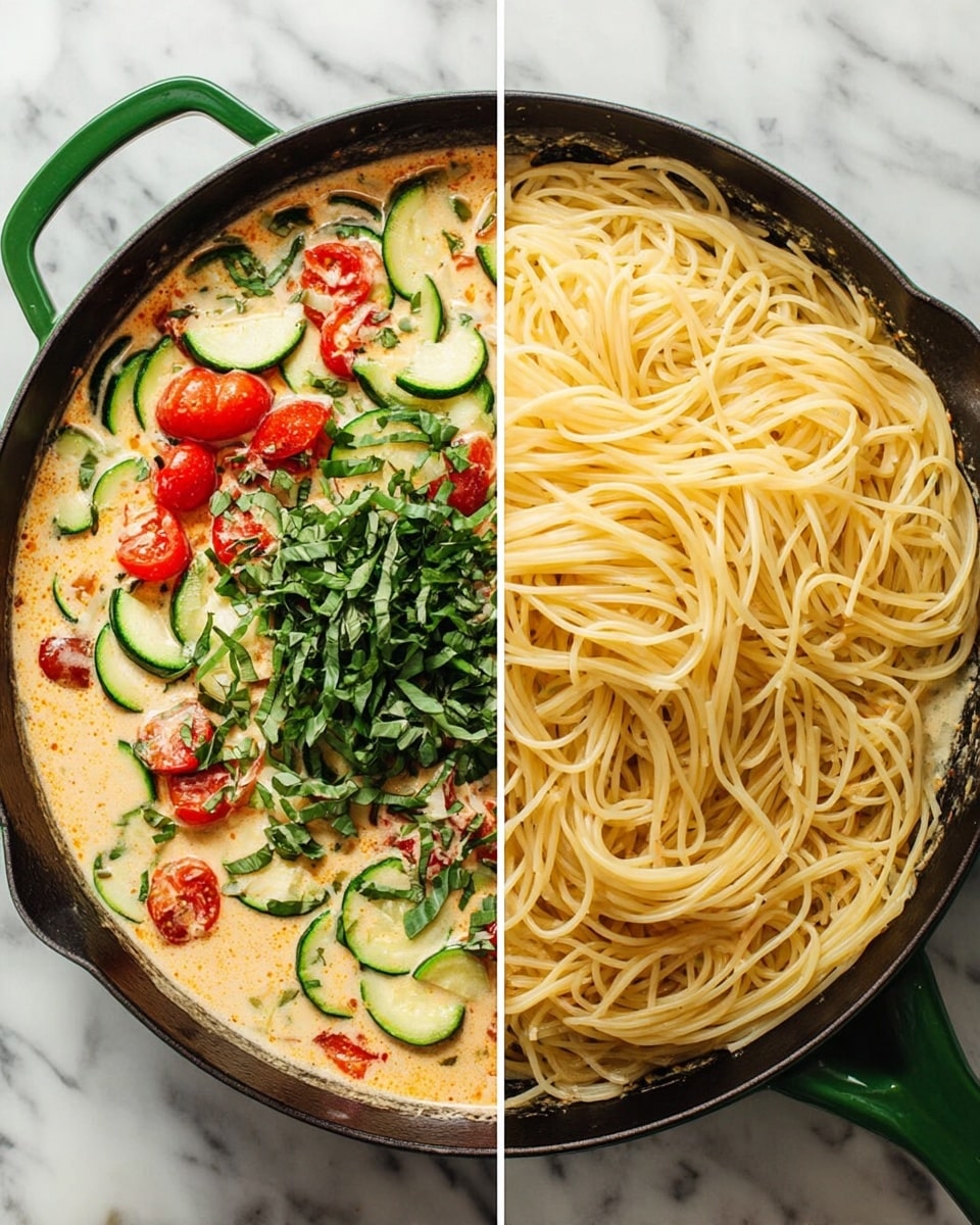 The image shows a green cast iron pan filled with a creamy sauce base, light orange in color, covering the bottom layer. On top of this sauce, there are sliced green zucchini rounds mixed with halved red cherry tomatoes scattered throughout. In the left image, the vegetables are topped with a heap of chopped fresh green basil leaves at the center. In the right image, the sauce and vegetables hold a large pile of pale yellow cooked spaghetti noodles laid loosely over the right half of the pan. The pan sits on a white marbled surface. photo taken with an iphone --ar 4:5 --v 7