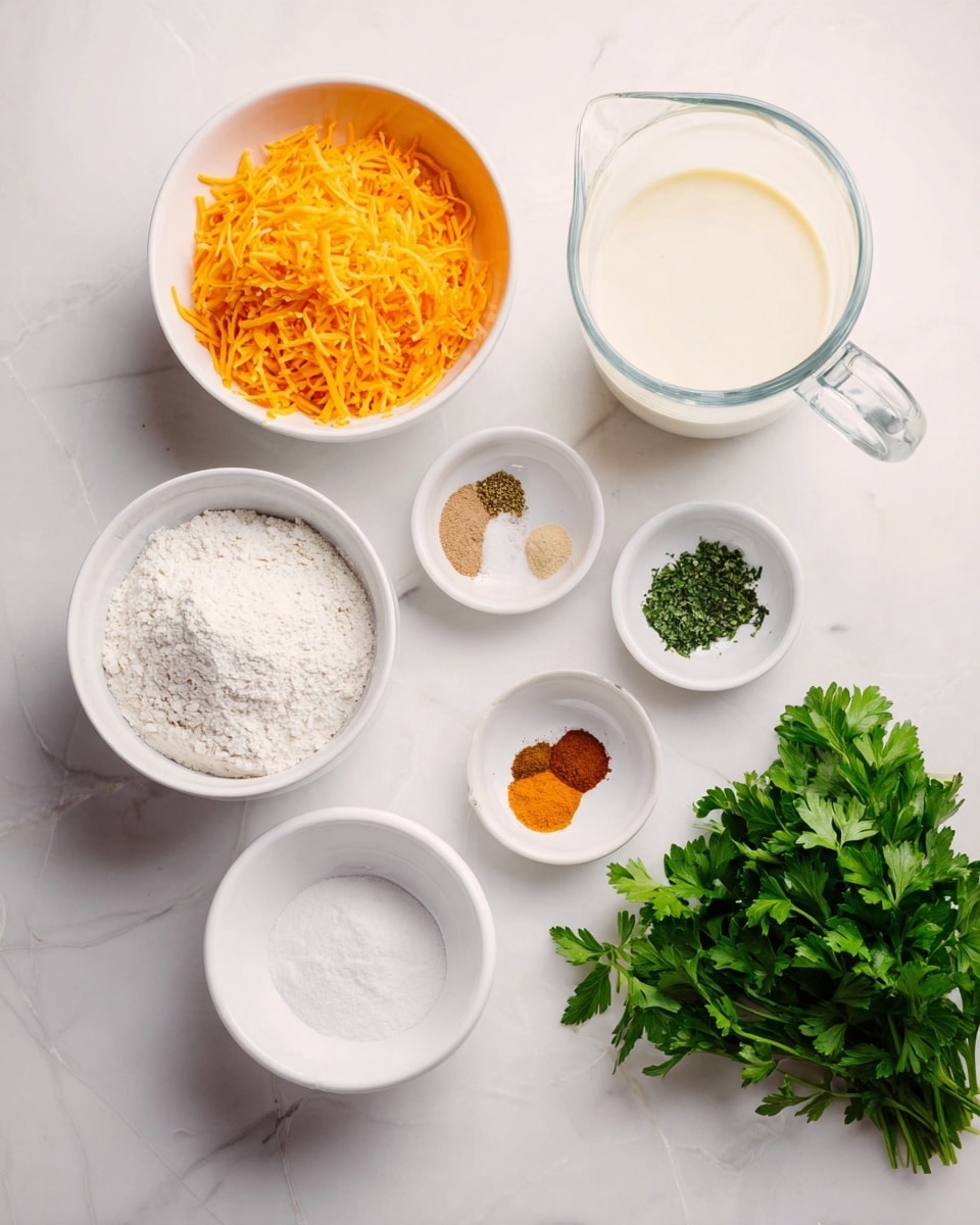 The image shows several white bowls with different ingredients arranged on a white marbled surface. The large bowl on the left holds shredded orange cheese. Below it is a white bowl filled with white flour. Next to the flour are two smaller white bowls, one with white powder and the other with sugar. Above them is a small white bowl with four spices separated inside: a brown powder, an orange powder, light brown powder, and green flakes. Above that bowl is another large white bowl with a frothy pale yellow liquid. On the right side is a clear glass pitcher filled with a white liquid. To the far right is a bunch of fresh green parsley leaves. photo taken with an iphone --ar 4:5 --v 7