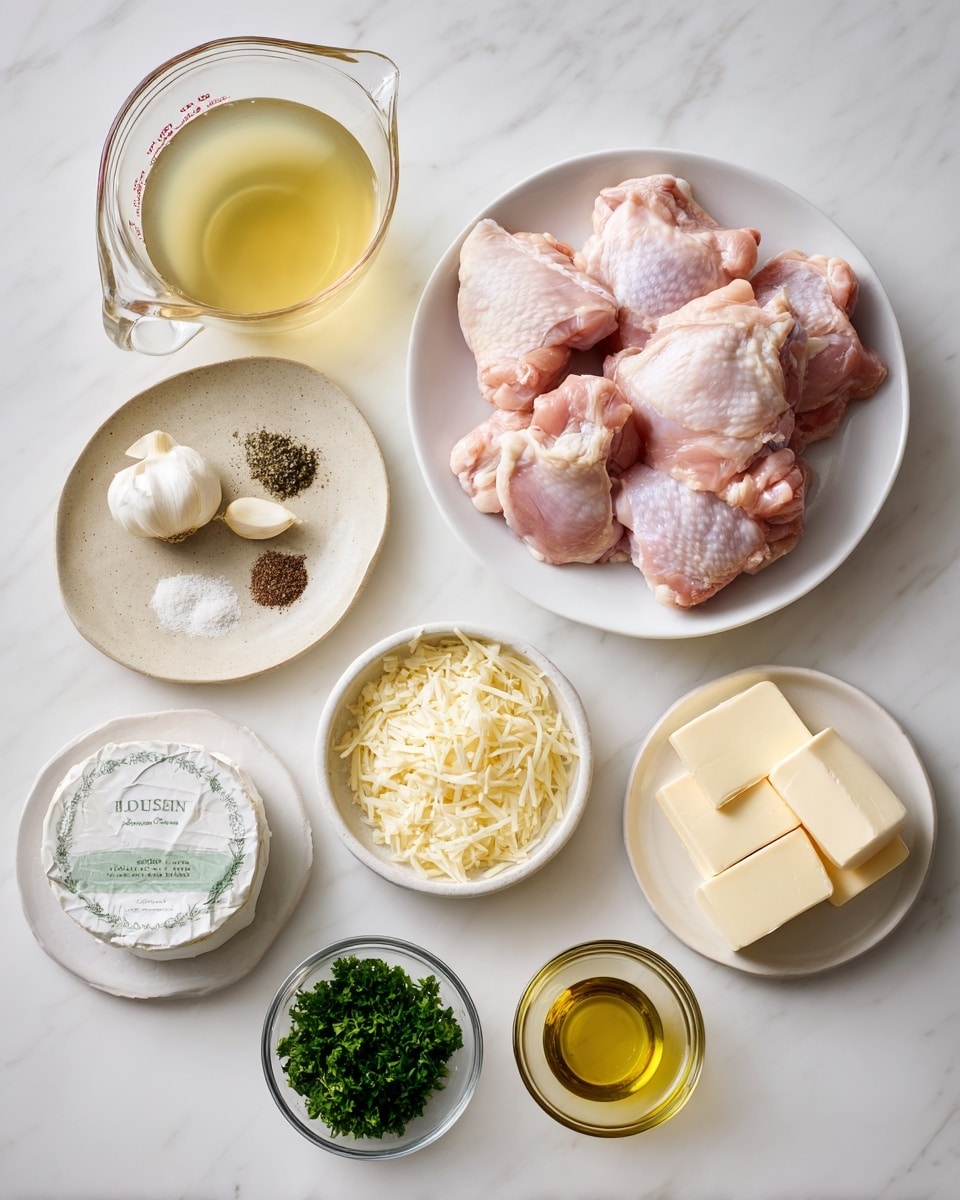 A white bowl on the right filled with several raw pink chicken thighs rests on a white marbled surface. To the left, there is a glass measuring cup filled with light yellow chicken broth. Below the broth, a small beige plate holds three garlic cloves and small piles of seasonings in pale yellow, black, and green. To the right of the plate, a white plate holds a circular package of Boursin cheese with a white and green wrapper. Below these, a small glass bowl of chopped white onions, a small bowl of chopped green parsley, and a glass bowl filled with shredded pale yellow Parmesan cheese are spread out on the surface. Near the bottom, a small glass dish contains two blocks of pale yellow butter, and beside it is a small glass bowl holding light olive oil. The scene is well lit and neatly arranged. Photo taken with an iphone --ar 4:5 --v 7