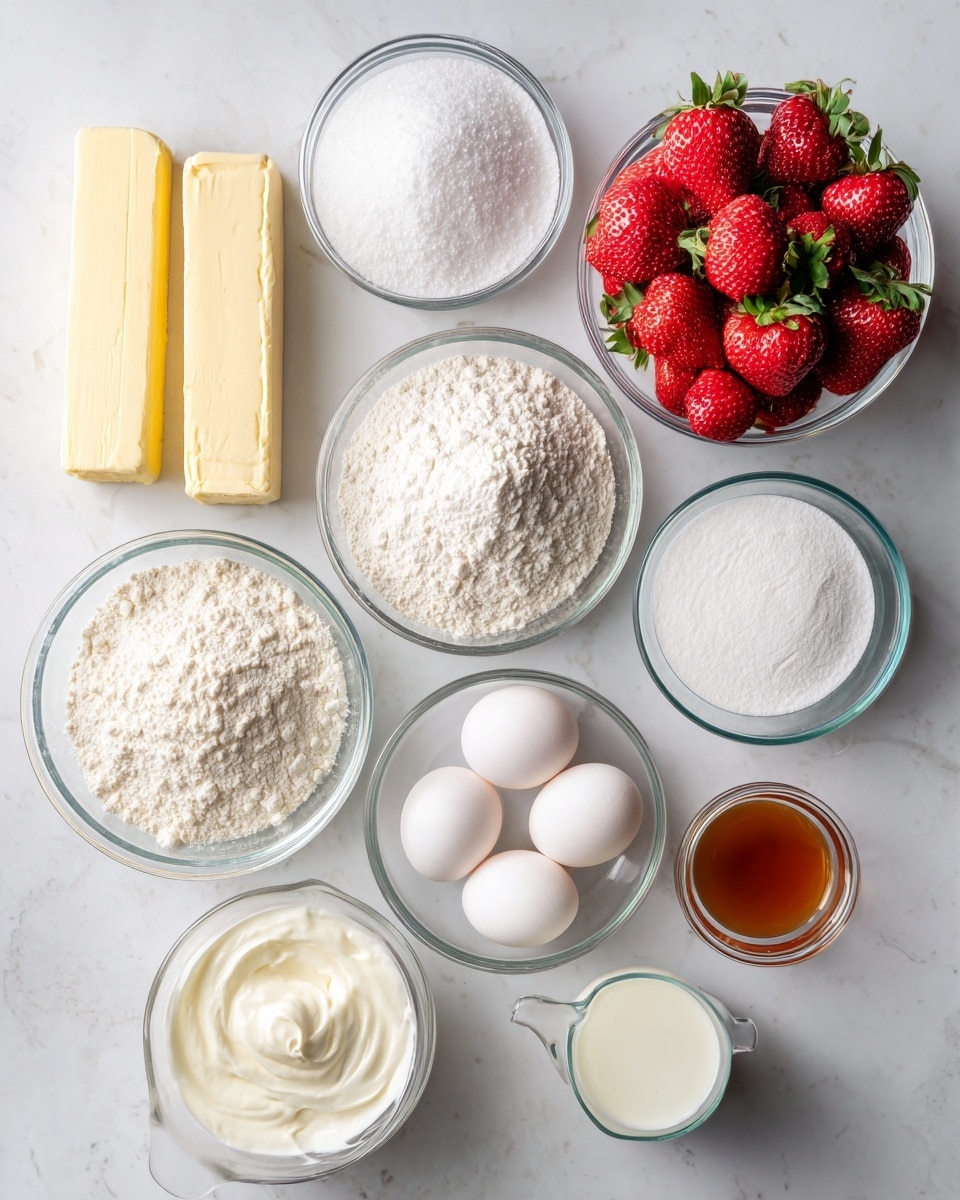 A top-down view of various baking ingredients arranged neatly on a white marbled surface. Starting from the top left, two sticks of pale yellow butter rest side by side. Below them is a clear glass bowl filled with white granulated sugar. To the right of the sugar is a smaller clear bowl with white baking powder. Below the baking powder, a larger clear bowl holds white all-purpose flour with a powdery texture. Near the bottom left, a measuring cup filled with thick white heavy cream sits next to the flour bowl. To its right are three white eggs placed close together. Above the eggs is a small clear bowl with a light brown vanilla liquid. On the top right, a clear bowl overflows with bright red strawberries with green leafy tops. Next to the strawberries is another small clear bowl containing white powdered sugar. Finally, on the bottom right, a small clear measuring cup contains off-white whole milk. The overall setup is clean and organized on the white marbled surface. photo taken with an iphone --ar 4:5 --v 7