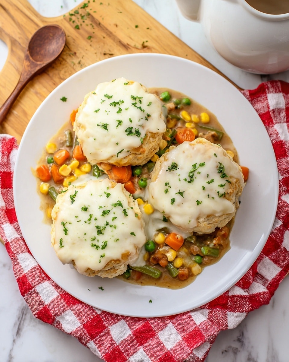 The image shows a white round plate with three open-faced biscuits on top. Each biscuit has a layer of melted white cheese sprinkled with small bits of green parsley. Below the biscuits, the plate is filled with a thick creamy mixture of diced orange carrots, yellow corn kernels, green peas, green beans, and chunks of meat covered in light brown gravy. The plate is placed on a wooden board with a red and white checkered cloth underneath it, all set on a white marbled surface. Part of a white teapot and a woman's hand holding a wooden spoon can be seen in the background. Photo taken with an iphone --ar 4:5 --v 7