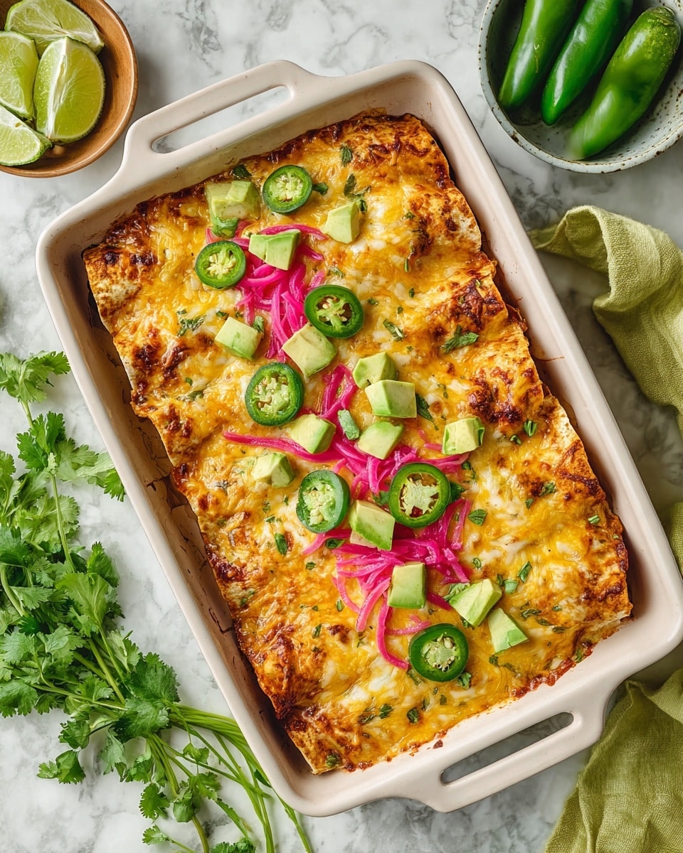 A white rectangular dish holds three visible layers of baked enchiladas: the bottom layer of folded tortillas filled with a mixture, covered by a thick, melted golden cheese layer with bubbly browned spots, topped with bright green slices of jalapeño, chunky light green avocado cubes, scattered fresh cilantro leaves, and thin strips of bright pink pickled onions, all sitting on a white marbled surface with bowls of green jalapeños, fresh cilantro, and lime wedges nearby. photo taken with an iphone --ar 4:5 --v 7